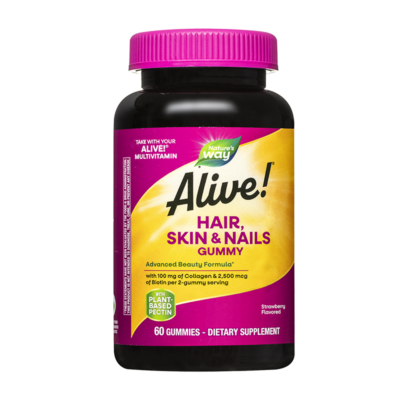 Natures Way Alive за коса, кожа и нокти x 60 капсули Предназначение за Natures Way Alive за коса: Подпомага нормалното състояние на косата, кожата и ноктите. Описание за Natures Way Alive за коса: Мултивитаминен продукт, за да бъдете винаги красива: съдържа 19 витамина и минерала, осигуряващи 100% или повече от дневния препоръчителен прием. В състава му е включен и пълният В комплекс, който подпомага превръщането на хранителните вещества в енергия; Колаген тип I (75 мг) и биотин (5000 мкг): За блестяща коса, силни нокти и красива кожа; С хиалуронова киселина и силиций; Плодово-зеленчуков комплекс: 50 мг в 1 доза; Не съдържа глутен, изкуствени ароматизатори, млечни продукти, консерванти, соя, пшеница или мая. Състав на Natures Way Alive за коса: Съдържание 2 капсули в Natures Way Alive за коса Витамин А (ретинил палмитат) 1500 µg Витамин В1 (тиамин, тиамин мононитрат) 3 mg Витамин В2 (рибофлавин) 3.4 mg Ниацин (вит.В3, никотинамид) 20 mg Пантотенова киселина (вит. В5, калциев D-пантонтенат) 15 mg Фолиева киселина (витамин В9) 400 µg Витамин В12 (цианокобаламин) 12 µg Биотин (витамин В7) 5000 µg Витамин С (аскорбинова киселина) 60 mg Витамин D (холекалциферол) 25 µg Витамин Е (d-алфа токоферил ацетат) 20 mg Витамин К (фитоменадион) 80 µg Йод (калиев йодид) 150 µg Селен (L-селенометионин) 70 µg Цинк (цинков оксид) 15 mg Мед (меден сулфат) 2 mg Молибден (молибден натрий) 75 µg Манган (манганов сулфат) 2 mg Хиалуронова киселина 30 mg Хирдролизиран колаген тип I 75 mg Силиций (полски хвощ/стебло) 3 mg Orchard Fruits™ /Garden Veggies™ Смес (пудра) от овощни плодове и градински зеленчуци: грах, спанак, зеле, ябълка, карфиол, аспержи, броколи, брюкселко зеле, домат, краставица, банан, Акай бери, червено цвекло, морков, боровинка, череша, грозде, червена боровинка, ананас, малина, синя слива, ягода. 50 mg Natures Way Alive за коса Други съставки на Natures Way Alive за коса: Слънчогледово масло, глицерин, желатинова софтгел капсула, жълт пчелен восък, натурални аромати, слънчогледов лецитин, карамел за цвят, пречистена вода. Съдържа риба (Тилапия). Начин на употреба на Natures Way Alive за коса: Приемайте по 2 капсули дневно. Не ги сдъвквайте. Предупреждение за Natures Way Alive за коса: Преди употреба консултирайте се с лекар, ако сте бременна, кърмите или имате бъбречна недостатъчност. Не използвайте хранителната добавка като заместител на разнообразното и пълноценно хранене. Съхранение : На сухо и хладно място, недостъпно за деца. Опаковка: 60 капсули. Natures Way е лидер в индустрията на хранителните добавки. Тя е основата през 1969 година. Мисията на Natures Way е да осигури хранителни добавки с натурални и високо качествени съставки. Фокусът на Natures Way е чистотата и ефективността на техните продукти. Те са първата компания преработваща билки. Притежава съоражение кла OTC(1983) Natures Way е първият билкова бранд който притежава сертификати Non-GMO и TRU-ID™. Това гаранитира за чистотата на състава и безпасния произход на използваните суровини. TRU-ID е първата и независима тестова програма. Тя изполва ДНК биотехнологии за удостоверяване на автентичността и качеството на използваните билкови продукти.  Non-GMO Project е независима тестова програма, която е ангажирана с най-добрите практики за тестване и предоставяне на продуктите без ГМО. Погрижете се за вашето здраве от рано и разгледайте разнообразната гама продукти на Natures Way  в нашия онлайн магазин aptekata.online