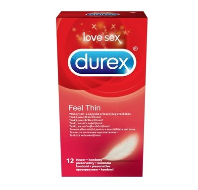 Durex Feel Thin Презервативи х12 броя Durex Feel ThinТози продукт на тайландската марка Durex представлява тънки презервативи за по-голяма чувствителност. Durex Feel Thin са с анатомична форма "Easy-on" и завършват с резервоар. Durex Feel Thin са прозрачни и лубрикирани презервативи от естествен латекс с високо качество за осигуряване на допълнителен комфорт. Имат гладка повърхност и са с номинална ширина - 56 mm. Презервативите са електронно и дерматологично тествани. Предлагат се в опаковка от 12 броя. Durex Feel Thin презервативи са символ за качество и надеждност. С над 80 годишен опит, Durex е водещ световен лидер в производството на презервативи. Да се съхранява на хладно и сухо място, далече от директна слънчева светлина. Durex, с над 90 години опит, е водещ производител на сексуални продукти. Те са известни с високото си качество и множеството иновации. Durex Предлага разнообразни продукти за подобряване на сексуалния живот на своите клиенти. Осигуряват безопасност при сексуалните удоволствия. Durex презервативите са известни с преминалите многобройни тестове  и използването на най-добрите материали.  В тяхната продуктова гама освен презервативи спадат лубриканти, вибратори и други аксесоари, допринасящи за вашето неустоимо изживяване. Всеки продукт е тестван по най-високите стандарти гарантиращи за нуждите и очакванията на всеки от потребителите им. Ако турсите защита, комфорт или разнообразие, Durex има решението за вас Разгледайте повече от гамата на Durex  в аптеката.онлайн и открите продуктите, които ще направят интимните ви моменти по-приятни и по-сигурни. В нашия онлайн магазин ще намерите широк избор от техните продукти, които отговарят на най-високите стандарти за качество и безопасност.