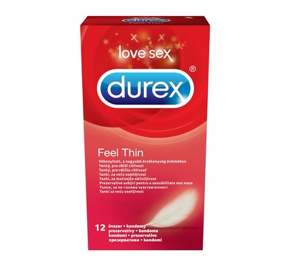 Durex Feel Thin Презервативи х12 броя Durex Feel ThinТози продукт на тайландската марка Durex представлява тънки презервативи за по-голяма чувствителност. Durex Feel Thin са с анатомична форма "Easy-on" и завършват с резервоар. Durex Feel Thin са прозрачни и лубрикирани презервативи от естествен латекс с високо качество за осигуряване на допълнителен комфорт. Имат гладка повърхност и са с номинална ширина - 56 mm. Презервативите са електронно и дерматологично тествани. Предлагат се в опаковка от 12 броя. Durex Feel Thin презервативи са символ за качество и надеждност. С над 80 годишен опит, Durex е водещ световен лидер в производството на презервативи. Да се съхранява на хладно и сухо място, далече от директна слънчева светлина. Durex, с над 90 години опит, е водещ производител на сексуални продукти. Те са известни с високото си качество и множеството иновации. Durex Предлага разнообразни продукти за подобряване на сексуалния живот на своите клиенти. Осигуряват безопасност при сексуалните удоволствия. Durex презервативите са известни с преминалите многобройни тестове  и използването на най-добрите материали.  В тяхната продуктова гама освен презервативи спадат лубриканти, вибратори и други аксесоари, допринасящи за вашето неустоимо изживяване. Всеки продукт е тестван по най-високите стандарти гарантиращи за нуждите и очакванията на всеки от потребителите им. Ако турсите защита, комфорт или разнообразие, Durex има решението за вас Разгледайте повече от гамата на Durex  в аптеката.онлайн и открите продуктите, които ще направят интимните ви моменти по-приятни и по-сигурни. В нашия онлайн магазин ще намерите широк избор от техните продукти, които отговарят на най-високите стандарти за качество и безопасност.