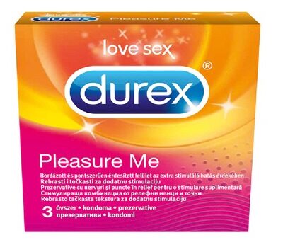 Durex Pleasure me презервативи х3 броя Durex Pleasure me презервативи на марката Дюрекс са релефни със специално разработена форма - оребрени, с релефни точки, осигуряващи изключителен комфорт и максимална стимулация. Durex Pleasure me презервативи Ребрата са разположени в долната част на презерватива, за да създават по-добра клиторна стимулация и неповторимо усещане, както за нея, така и за него. Изработени са от прозрачен естествен латекс, с лубрикант и завършват с резервоар. Durex Pleasure me презервативиКутията съдържа 3 индивидуално опаковани презервативи в херметически запечатени пакетчета. Всички презервативи са сертифицирани по CE, тествани по електронен път и 100% естествени. Durex Pleasure me презервативи са предназначени предимно за вагинален секс. Въпреки това, ако решите да ги използвате при орален секс, смазочният материал е безопасен при поглъщане. Препоръчва се, ако се използва при орален секс, да се използва нов презерватив за вагинален секс. Пaзете от пряка слънчева светлина. Durex Pleasure me Durex, с над 90 години опит, е водещ производител на сексуални продукти. Те са известни с високото си качество и множеството иновации. Durex Предлага разнообразни продукти за подобряване на сексуалния живот на своите клиенти. Осигуряват безопасност при сексуалните удоволствия. Durex презервативите са известни с преминалите многобройни тестове  и използването на най-добрите материали.  В тяхната продуктова гама освен презервативи спадат лубриканти, вибратори и други аксесоари, допринасящи за вашето неустоимо изживяване. Всеки продукт е тестван по най-високите стандарти гарантиращи за нуждите и очакванията на всеки от потребителите им. Ако турсите защита, комфорт или разнообразие, Durex има решението за вас Разгледайте повече от гамата на Durex  в аптеката.онлайн и открите продуктите, които ще направят интимните ви моменти по-приятни и по-сигурни. В нашия онлайн магазин ще намерите широк избор от техните продукти, които отговарят на най-високите стандарти за качество и безопасност.