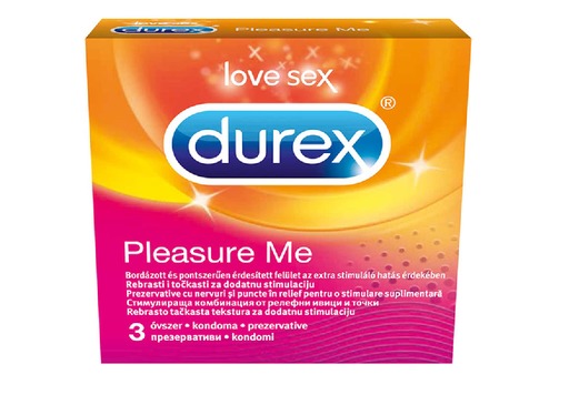 Durex Pleasure me презервативи х3 броя Durex Pleasure me презервативи на марката Дюрекс са релефни със специално разработена форма - оребрени, с релефни точки, осигуряващи изключителен комфорт и максимална стимулация. Durex Pleasure me презервативи Ребрата са разположени в долната част на презерватива, за да създават по-добра клиторна стимулация и неповторимо усещане, както за нея, така и за него. Изработени са от прозрачен естествен латекс, с лубрикант и завършват с резервоар. Durex Pleasure me презервативиКутията съдържа 3 индивидуално опаковани презервативи в херметически запечатени пакетчета. Всички презервативи са сертифицирани по CE, тествани по електронен път и 100% естествени. Durex Pleasure me презервативи са предназначени предимно за вагинален секс. Въпреки това, ако решите да ги използвате при орален секс, смазочният материал е безопасен при поглъщане. Препоръчва се, ако се използва при орален секс, да се използва нов презерватив за вагинален секс. Пaзете от пряка слънчева светлина. Durex Pleasure me Durex, с над 90 години опит, е водещ производител на сексуални продукти. Те са известни с високото си качество и множеството иновации. Durex Предлага разнообразни продукти за подобряване на сексуалния живот на своите клиенти. Осигуряват безопасност при сексуалните удоволствия. Durex презервативите са известни с преминалите многобройни тестове  и използването на най-добрите материали.  В тяхната продуктова гама освен презервативи спадат лубриканти, вибратори и други аксесоари, допринасящи за вашето неустоимо изживяване. Всеки продукт е тестван по най-високите стандарти гарантиращи за нуждите и очакванията на всеки от потребителите им. Ако турсите защита, комфорт или разнообразие, Durex има решението за вас Разгледайте повече от гамата на Durex  в аптеката.онлайн и открите продуктите, които ще направят интимните ви моменти по-приятни и по-сигурни. В нашия онлайн магазин ще намерите широк избор от техните продукти, които отговарят на най-високите стандарти за качество и безопасност.