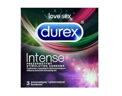 Durex Intense презервативи х3 броя Durex Intense Презервативи Intense на марката Дюрекс са създадени за интензивна стимулация и силни усещания. Durex Intense спомагат за по-добър секс и при двата пола, като удължават оргазма и възбудата. Кутията съдържа 3 индивидуално опаковани презервативи в херметически запечатени пакетчета. Durex Intense презервативи са сертифицирани по CE, тествани по електронен път и 100% естествени. Нито един от методите за контрацепция не може да ви даде 100% защита срещу бременност, ХИВ или полово предавани инфекции. Пазете от пряка слънчева светлина. Durex, с над 90 години опит, е водещ производител на сексуални продукти. Те са известни с високото си качество и множеството иновации. Durex Предлага разнообразни продукти за подобряване на сексуалния живот на своите клиенти. Осигуряват безопасност при сексуалните удоволствия. Durex презервативите са известни с преминалите многобройни тестове  и използването на най-добрите материали.  В тяхната продуктова гама освен презервативи спадат лубриканти, вибратори и други аксесоари, допринасящи за вашето неустоимо изживяване. Всеки продукт е тестван по най-високите стандарти гарантиращи за нуждите и очакванията на всеки от потребителите им. Ако турсите защита, комфорт или разнообразие, Durex има решението за вас Разгледайте повече от гамата на Durex  в аптеката.онлайн и открите продуктите, които ще направят интимните ви моменти по-приятни и по-сигурни. В нашия онлайн магазин ще намерите широк избор от техните продукти, които отговарят на най-високите стандарти за качество и безопасност.