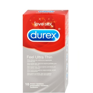 Durex Feel Ultra Thin Презервативи x10 броя Durex Feel Ultra Thin Сигурните и ултра тънки презервативи Дюрекс са изработени от естествен латекс, който отговаря на желанията за по-чувствено и естествено изживяване. Durex Feel Ultra ThinТе имат анатомичната форма "Sensi-Fit", която прави поставянето лесно. Durex Feel Ultra Thin Осигуряват комфорт както за него, така и за нея. 20% по-тънки от стандартните презервативи, прозрачни с лубрикант. Предлагат се в опаковка от 10 броя. Характеристики: • ширина на отвора на презерватива - 52 mm • обиколка на презерватива - 110 mm • дължина на презерватива - 210 mm Durex, с над 90 години опит, е водещ производител на сексуални продукти. Те са известни с високото си качество и множеството иновации. Durex Предлага разнообразни продукти за подобряване на сексуалния живот на своите клиенти. Осигуряват безопасност при сексуалните удоволствия. Durex презервативите са известни с преминалите многобройни тестове  и използването на най-добрите материали.  В тяхната продуктова гама освен презервативи спадат лубриканти, вибратори и други аксесоари, допринасящи за вашето неустоимо изживяване. Всеки продукт е тестван по най-високите стандарти гарантиращи за нуждите и очакванията на всеки от потребителите им. Ако турсите защита, комфорт или разнообразие, Durex има решението за вас Разгледайте повече от гамата на Durex  в аптеката.онлайн и открите продуктите, които ще направят интимните ви моменти по-приятни и по-сигурни. В нашия онлайн магазин ще намерите широк избор от техните продукти, които отговарят на най-високите стандарти за качество и безопасност.