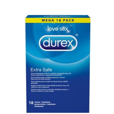 Durex Extra Safe Презервативи х18 броя Презервативите Durex Extra Safe са снабдени с повече лубрикант, за сигурност без нарушаване на комфорта. Durex Extra Safe осигуряват по-ефикасна защита и спокойствие по време на полов акт.   Durex Extra Safe са зработени са от естествен латекс с по-голяма плътност. С анатомична Easy On форма,Durex Extra Safe прилепват точно. Ширина на отвора на презерватива - 56 mm, обиколка на презерватива - 120 mm, дължина на презерватива - 210 mm. Предлага се в опаковка от 18 броя. Durex, с над 90 години опит, е водещ производител на сексуални продукти. Те са известни с високото си качество и множеството иновации. Durex Предлага разнообразни продукти за подобряване на сексуалния живот на своите клиенти. Осигуряват безопасност при сексуалните удоволствия. Durex презервативите са известни с преминалите многобройни тестове  и използването на най-добрите материали.  В тяхната продуктова гама освен презервативи спадат лубриканти, вибратори и други аксесоари, допринасящи за вашето неустоимо изживяване. Всеки продукт е тестван по най-високите стандарти гарантиращи за нуждите и очакванията на всеки от потребителите им. Ако турсите защита, комфорт или разнообразие, Durex има решението за вас Разгледайте повече от гамата на Durex  в аптеката.онлайн и открите продуктите, които ще направят интимните ви моменти по-приятни и по-сигурни. В нашия онлайн магазин ще намерите широк избор от техните продукти, които отговарят на най-високите стандарти за качество и безопасност.