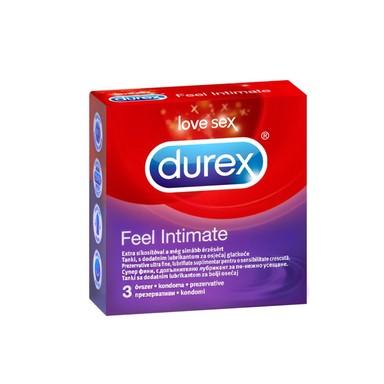 Durex Feel Intimate Супер фини презервативи x3 броя Durex Feel Intimate Фините презервативи Дюрекс прилепват точно и придават по-естествено усещане. Тяхната анатомична "Easy-On" форма, осигурява комфорт по време на употреба, а допълнително добавеният лубрикант създава истинско изживяване и за двамата партньори. Създадени от естествен супер фин латекс и анатомична форма с резервоар. Ширина на отвора на презерватива - 56 mm. Предлагат се в опаковка от 3 броя. Durex Feel Intimate Durex, с над 90 години опит, е водещ производител на сексуални продукти. Те са известни с високото си качество и множеството иновации. Durex Предлага разнообразни продукти за подобряване на сексуалния живот на своите клиенти. Осигуряват безопасност при сексуалните удоволствия. Durex презервативите са известни с преминалите многобройни тестове  и използването на най-добрите материали.  В тяхната продуктова гама освен презервативи спадат лубриканти, вибратори и други аксесоари, допринасящи за вашето неустоимо изживяване. Всеки продукт е тестван по най-високите стандарти гарантиращи за нуждите и очакванията на всеки от потребителите им. Ако турсите защита, комфорт или разнообразие, Durex има решението за вас Разгледайте повече от гамата на Durex  в аптеката.онлайн и открите продуктите, които ще направят интимните ви моменти по-приятни и по-сигурни. В нашия онлайн магазин ще намерите широк избор от техните продукти, които отговарят на най-високите стандарти за качество и безопасност.