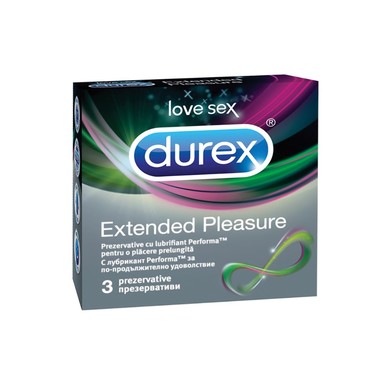 Durex Extended Pleasure Презервативи х3 броя Durex Extended Pleasure Презервативите "Extended Pleasure" от Дюрекс предлагат по-продължително и по-чувствено изживяване. Durex Extended Pleasure Съдържат лубрикант, с 5% бензокаин, който помага на мъжете да контролират еякулацията и да удължат удоволствието. Произведени от естествен латекс и анатомична "Easy-On" форма с резервоар. Ширината на отвора на презерватива е 56 mm, обиколката 120 mm, а дължината 200 mm. Durex Extended Pleasure Предлагат се в опаковка от 3 броя. Durex, с над 90 години опит, е водещ производител на сексуални продукти. Те са известни с високото си качество и множеството иновации. Durex Предлага разнообразни продукти за подобряване на сексуалния живот на своите клиенти. Осигуряват безопасност при сексуалните удоволствия. Durex презервативите са известни с преминалите многобройни тестове  и използването на най-добрите материали.  В тяхната продуктова гама освен презервативи спадат лубриканти, вибратори и други аксесоари, допринасящи за вашето неустоимо изживяване. Всеки продукт е тестван по най-високите стандарти гарантиращи за нуждите и очакванията на всеки от потребителите им. Ако турсите защита, комфорт или разнообразие, Durex има решението за вас Разгледайте повече от гамата на Durex  в аптеката.онлайн и открите продуктите, които ще направят интимните ви моменти по-приятни и по-сигурни. В нашия онлайн магазин ще намерите широк избор от техните продукти, които отговарят на най-високите стандарти за качество и безопасност.