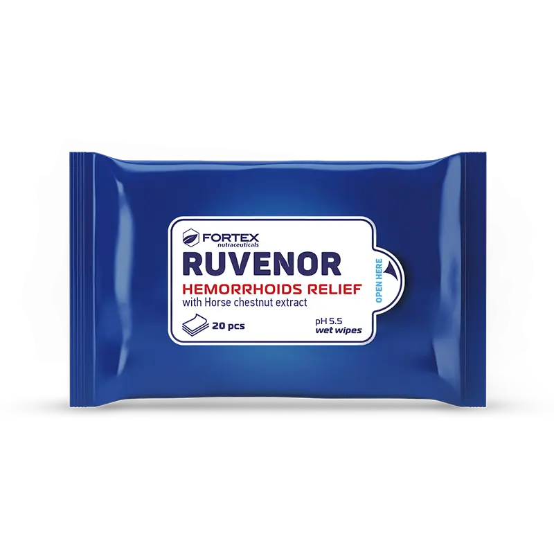 Рувенор Мокри Кърпи при хемороиди x20 бр Fortex Рувенор мокри кърпи са единствените в България, специално създадени за облекчаване на симптомите на хемороидите като допълнение към серията Рувенор за разширени вени. Могат да се използват и за компреси на възпалени и уморени крака при хора с разширени вени. Предлагат се в опаковка от 20 броя. Рувенор влажни кърпички: - спомагат за намаляване на болките и сърбежите, причинени от хемороидите. - почистват и дезинфекцират; - охлаждат и успокояват; Състав на Рувенор Мокри Кърпи : Екстракт див кестен /Aesculus Hippocastanum/, пантенол, помощни вещества. • Див кестен - се използва в клиничната практика за облекчаване на субективните симптоми на разширени вени и хемороиди, и за намаляване на признаците при хронична венозна недостатъчност. Активната субстанция на екстракта е есцин. Той притежава венотонизиращи, съдопротективни и противовъзпалителни качества. Екстрактът редуцира ненормално повишената капилярна пропускливост и свързаните с това подувания. Екстрактът от див кестен е изключително популярно средство в цяла Европа и се използва активно в терапията на симтомите на хемороиди – подуване, сърбеж, парене, болка. Дивият кестен притежава добра поносимост и отлична ефективност за свиване на ненормално разширените вени.Рувенор Мокри Кърпи • Пантенол - притежава силно изразено противовъзпалително и успокояващо действие. Той е популярно средство за кожни проблеми от всякакво естество благодарение на възстановителните си свойства при изграждането на клетките. Използва се за възстановяване, успокояване и заздравяване на кожата, даже и на деликатните места. Използвайте при всяка нужда РУВЕНОР влажни кърпички. Tе почистват и охлаждат, а добавеният екстракт от див кестен допринася за намаляване болките и сърбежите, причинени от хемороидите.Рувенор Мокри Кърпи Фортекс Нутрасютикалс – лидер в производството на хранителни добавки и лекарства Фортекс Нутрасютикалс е сред топ 5 водещите компании в България, които се занимават с производство на хранителни добавки, лекарства и здравна козметика. Компанията се отличава със своята ангажираност към качеството и иновациите, предлагайки продукти, които отговарят на най-високите стандарти за ефективност и безопасност. Продуктите на Фортекс Нутрасютикалс са достъпни в аптеки из цялата страна, както и на международния пазар с износ в над 35 страни в Европа, Азия и Африка.Рувенор Мокри КърпиРувенор Мокри Кърпи Разгледайте повече от гамата на Fortex Фортекс Нутрасютикалс осигуряват пълна контролираност върху производствения процес от началото до края. От 2011 г. компанията непрекъснато е разраства и развива нови технологии, за да гарантира, че всяка партида продукти преминава през най-строги тестове за качество. Независимо дали става дума за хранителни добавки за ежедневна грижа или за лекарства за лечение на различни заболявания, потребителите могат да бъдат сигурни в ефективността и безопасността на продуктите на Фортекс Нутрасютикалс. Фортекс Нутрасютикалс е надежден партньор за вашето здраве, с ангажираност към постоянно усъвършенстване и предлагане на продукти, които се грижат за вас и вашето семейство.Рувенор Мокри Кърпи Защо да изберете Аптеката Oнлайн? В Аптеката Онлайн може да се насладите на богата гама от медикаменти, хранителни добавки и други здравни продукти. Включително можете да намерите разнообразие от продукти за профилактика и лечение на сезонни заболявания като грип и настинки. Нашата аптека се стреми да предложи на клиентите не само достъпни цени, но и качествени продукти, които да помогнат за укрепване на имунитета и здравето като цяло. Освен това, в Аптеката Онлайн предлагаме и специална лоялна програма.,Тя важи за всички продукти дори и намалените. Чрез нея събирате точки при всяка покупка. Тези точки можете да използвате за намаления при следващи покупки, условията може да разгледате в страницата ни за лоялна програма. Трупате точки само, ако сте вписани в своя профил. С пазаруването в Аптеката Онлайн получавате допълнителни предимства като безплатна доставка при определени поръчки и възможността да пазарувате по всяко време на денонощието, без да се съобразявате с работно време. Това ви осигурява максимално удобство и бърз достъп до продуктите, от които се нуждаете. Ние разбираме важността на качествената грижа за здравето и затова нашите продукти са внимателно подбрани и с доказана ефективност. В Аптеката Онлайн ще намерите всичко необходимо за вашето здраве на едно място, независимо дали става дума за витамини, минерали, лекарства или продукти за козметична грижа. Изберете Аптеката Онлайн за надеждност, удобство и сигурност при пазаруването на здравни продукти!