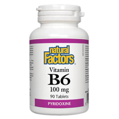 NATURAL FACTORS Витамин Б6 100mg x 90 tabl За облекчаване симптомите на предменструалния синдром Поддържа нивата на енергия през деня Грижи се за доброто настроение