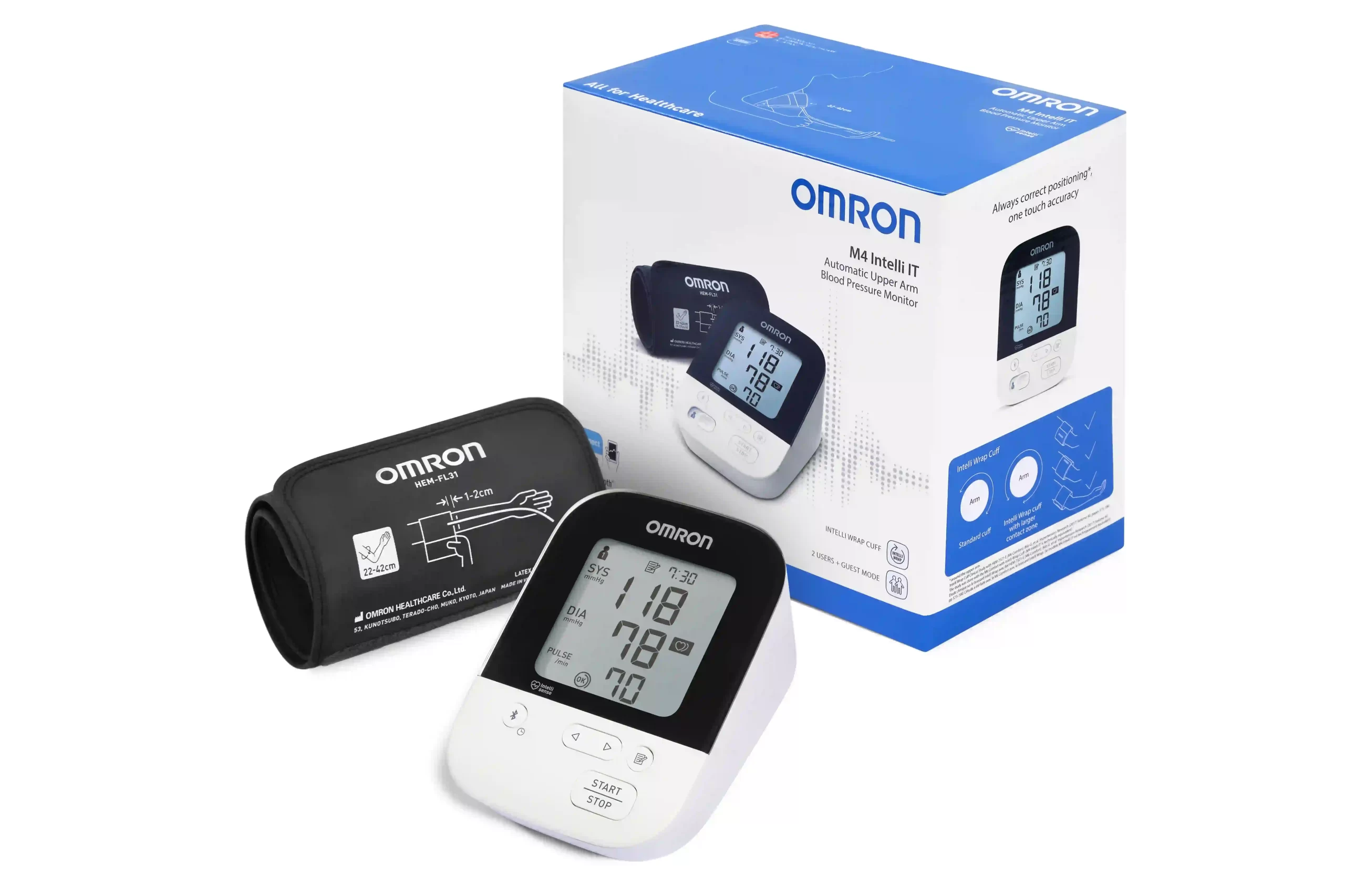 Omron M4 Intelit it Електронен апарат за кръвно налягане ·       Технология Intelli Sense - отчита индивидуалните характеристики на всеки потребител Omron M4 Intelit it Електронен апарат за кръвно налягане ·       Твърд маншет Intelli Wrap за 360° точност на измерване във всяка позиция около ръката    ·       Индикатор за правилно поставен маншет Omron M4 Intelit it Електронен апарат за кръвно налягане ·       Индикатор за движение на тялото ·       Скала и индикатори за ниво на кръвното налягане ·       Открива неравномерна сърдечна дейност (аритмия) ·       Функция за осредняване на последните 3 измервания ·       BLUETOOTH връзка с вашето мобилно устройство посредством приложението OMRON CONNECT ·       OMRON CONNECT е наличен в GOOGLE PLAY и APPLE APP STORE ·       Памет 2х60 измервания (за двама потребители с час и дата) ·       Клинична валидация за общо население, хора с диабет и бременни жени Omron Healthcare помага на хората да живеят по-свободен и по-пълноценен живот. В областта на клинично доказаното и иновативно медицинско оборудване за здравен мониторинг  Omron Healthcare са световен лидер. Те са на първо място в цифровите апарати за кръвно налягане. С техните 200 милиона продадени апарата за кръвно налягане. Omron помагат на хората да лекуват и управляват своите медицински състояния ефективно. Техните продукти са създадени с най-новите технологии, осигуряващи максимална точност и прецизност. Мисията на Omron? Седалището на Omron е в Киото, Япония. Тяхната мисия е да помагат за реализирането на здравословен и спокоен живот. Доказателсто за следването на тяхната мисия са именно иновативните продукти на Omron.Omron M4 Intelit it Електронен апарат за кръвно налягане Иновативни продукти подходящи за всеки дом Omron предлагат широка гама продукти. Те включват апарати за кръвно налягане,  термометри, инхалатори, електронни везни и други. Екологични и устойчиви практики Бранда е посветен на запазване на екологичната устойчивост на компания. Те използват екологично чисти материали и се стремят да намалят въглеродния си отпечатък.Omron M4 Intelit it Електронен апарат за кръвно налягане Погрижете се за вашето здраве от рано и разгледайте разнообразната гама продукти на Omron  в нашия онлайн магазин aptekata.online ЧЕСТО ЗАДАВАНИ ВЪПРОСИ Как да избера правилния апарат за кръвно налягане на Omron? При избирането на правилния на апарат за кръвно налягане е важно да се консултирате със здравен специалист и да изберете модел, който да отговаря на вашите нужди и предпочитания. Omron предлага разнообразие от модели, включително модели за горна и долна ръка. Каква е точността на апаратите за кръвно налягане на Omron? Апаратите за кръвно налягане на Omron са клинично доказани и осигуряват висока точност Много от тях са одобрени от здравни организации по целия свят.Omron M4 Intelit it Електронен апарат за кръвно налягане Мога ли да използвам продуктите на Omron, ако имам специфични здравословни състояния? Да, Omron предлагат продукти, които са подходящи за хора с различни здравословни състояния. Винаги се консултирайте с лекар преди да използвате нов медицински уред. Какви са гаранционните условия на продуктите на Omron? Omron предлага различни гаранционни условия в зависимост от продукта. Обикновено гаранцията покрива производствени дефекти и предоставя сервизна поддръжка.Omron M4 Intelit it Електронен апарат за кръвно налягане Къде мога да закупя продуктите на Omron? Можете да закупите продуктите на Omron от лицензирани магазини и аптеки, както и онлайн в различни платформи, включително в нашия онлайн магазин aptekata.online.