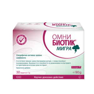 Омни Биотик МИГРА 3g x 30 сашета Омни Биотик МИГРАсъдържа специално подбрани бактериални щамове, които подобряват функциите на чревната бариера и черния дроб, като по този начин намаляват токсините, които попадат в кръвообращението и достигат до мозъка, причинявайки главоболие и напрежение. Това подобрява комуникацията по оста "черва-мозък", като намалява дните с главоболие и подобрява качеството на живот. Кога да приемате Омни Биотик МИГРА За подобряване на качеството на живот и главоболията За спокоен и комфортен ден За добро и оптимистично настроение При липса на мотивация При промени в настроението Предимства на Омни Биотик МИГРА: Намалява дните с главоболие Намалява дискомфорта, причинен от напрежение Подобрява качеството на живот Без известни нежелани реакции Състав Омни Биотик МИГРА 3g: Омни Биотик МИГРА съдържа девет гастро-резистентни бактериални щама, които естествено се срещат в човешкото черво. Те включват: Lactobacillus casei W56 Lactobacillus acidophilus W37 Lactobacillus brevis W63 Bifidobacterium lactis W51 Bifidobacterium lactis W52 Lactococcus lactis W19 Lactobacillus salivarius W24 Bifidobacterium bifidum W23 Lactococcus lactis W58 Тези бактерии са поставени в специална матрица, която ги прави устойчиви в храносмилателния тракт и подпомага тяхното размножаване и полезно действие. ЗА КОГО Е ПОДХОДЯЩ  Омни Биотик МИГРА ? Подходящ за дългосрочна употреба като част от комплексен подход за подобряване на състоянието при хора с нужда от облекчение на главоболията. Подходящ е за деца над 1 година, бременни и кърмещи майки, както и за диабетици и хора с лактозна непоносимост, тъй като не съдържа животински протеини, глутен, мая или лактоза. ДОЗИРОВКА  Разтворете 1 саше Омни Биотик МИГРА (3 g) в 125 ml вода, оставете да се активира според инструкциите, разбъркайте и изпийте. Препоръчва се продуктът да се приема сутрин преди закуска или вечер преди лягане. За дълготраен ефект се препоръчва употреба за поне 12 седмици, като може да се продължи и по-дълго, ако е необходимо. ИНТЕРЕСНО! Според научен преглед в World Journal of Gastroenterology, има достатъчно доказателства за връзката между стомашно-чревни нарушения и мигрена. Оста "черва-мозък" играе важна роля във връзката между тези състояния и лечението на стомашно-чревни разстройства може да подобри качеството на живот и да отвори нови терапевтични възможности за мигрена. Ролята на червата Функцията на чревната бариера може да бъде нарушена от стрес, небалансирано хранене или прекомерна употреба на лекарства (антибиотици, болкоуспокояващи и др.). Това позволява навлизането на токсични вещества, които могат да предизвикат негативни ефекти в мозъка, като промени в настроението, липса на мотивация и депресия. Омни Биотик МИГРА съдържа специално подбрани бактериални щамове, които подобряват чревната бариерна функция и функцията на черния дроб. Това намалява количеството токсини, които влизат в кръвообращението и стигат до мозъка, причинявайки главоболие и напрежение. По този начин се подобрява комуникацията по така наречената ос "черва-мозък", което намалява дните с главоболие и подобрява качеството на живот. КОГА ДА ПРИЕМАТЕ Омни Биотик МИГРА? За подобряване на качеството на живот и главоболията За спокоен и комфортен ден За добро и оптимистично настроение При липса на мотивация и промени в настроението ПРЕДИМСТА НА Omni-Biotic Migra: Намалява дните с главоболие Намалява дискомфорта, причинен от напрежение Подобрява качеството на живот Без известни нежелани реакции Бактериите са поставени в специална матрица, която ги прави устойчиви в храносмилателния тракт и помага за тяхното размножаване и действие. Omni-Biotic – лидер в пробиотичните продукти за здравето на червата Австрийската компания Institut Allergosan, основана преди повече от 20 години от д-р Анита Фраувалнер, следва философията на холистичния подход за "лечение отвътре навън". Според този подход, храносмилателната система и здравето на червата са от основно значение за общото състояние на човека. Това прави основният фокус на компанията да е насочен върху най-големия орган в тялото – червата. Institut Allergosan разработва и разпространява иновативните си продукти, базирани на изцяло натурални съставки като пробиотични бактерии, растителни екстракти и минерали. Чрез комбинацията им, продуктите от серията Omni-Biotic® целят да подобрят храносмилането, да укрепят имунната система и да подкрепят цялостното здравословно състояние. С дългогодишно сътрудничество с водещи учени в областта на медицината, фармацията и биохимията, както и с редица клинични изследвания, Institut Allergosan се утвърждава като лидер в областта на пробиотиците не само в Австрия, но и в още седем европейски държави. Продуктите от серията Omni-Biotic® вече са достъпни и на българския пазар, предоставяйки на потребителите иновативни решения за подкрепа на здравето отвътре Защо да изберете Аптеката Oнлайн? В Аптеката Онлайн може да се насладите на богата гама от медикаменти, хранителни добавки и други здравни продукти. Включително можете да намерите разнообразие от продукти за профилактика и лечение на сезонни заболявания като грип и настинки. Нашата аптека се стреми да предложи на клиентите не само достъпни цени, но и качествени продукти, които да помогнат за укрепване на имунитета и здравето като цяло. Лоялна Програма Освен това, в Аптеката Онлайн предлагаме и специална лоялна програма.,Тя важи за всички продукти дори и намалените. Чрез нея събирате точки при всяка покупка. Тези точки можете да използвате за намаления при следващи покупки, условията може да разгледате в страницата ни за лоялна програма. Трупате точки само, ако сте вписани в своя профил. Допълнителни предимства С пазаруването в Аптеката Онлайн получавате допълнителни предимства като безплатна доставка при определени поръчки и възможността да пазарувате по всяко време на денонощието, без да се съобразявате с работно време. Това ви осигурява максимално удобство и бърз достъп до продуктите, от които се нуждаете. Ние сме до теб! Ние разбираме важността на качествената грижа за здравето и затова нашите продукти са внимателно подбрани и с доказана ефективност. В Аптеката Онлайн ще намерите всичко необходимо за вашето здраве на едно място, независимо дали става дума за витамини, минерали, лекарства или продукти за козметична грижа. Изберете Аптеката Онлайн за надеждност, удобство и сигурност при пазаруването на здравни продукти!