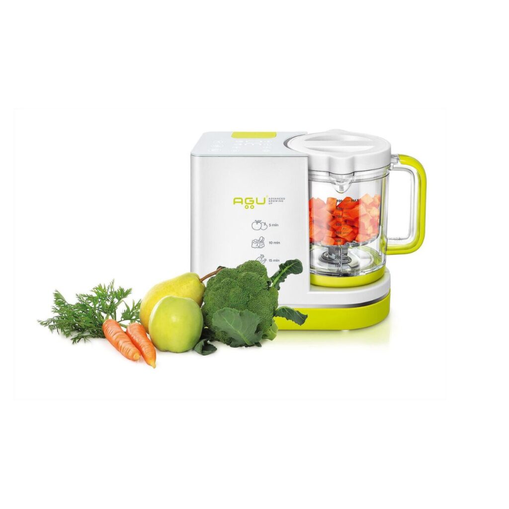 Agu Octopy Кухненски Робот 5 в 1 ЗА ПРИГОТВЯНЕ НА ДЕТСКИ ЯСТИЯ Agu Octopy Кухненски Робот 5 в 1 за приготвяне на детски ястия  5 в 1 AGU Octopy – стилен и функционален уред, който с лекота приготвя здравословна храна за вашето бебе. Правилното хранене при децата до голяма степен определя тяхното физическо развитие и формира бъдещите им хранителни навици. Но всички деца, дори и най-малките, имат индивидуални вкусове и често родителите предпочитат прясно приготвената домашна храна пред готовата. Agu Octopy Кухненски Робот 5 в 1 дава решение, което ще помогне на всички съвременни родители да приготвят бързо и лесно здравословна храна, точно както я предпочита детето. Agu Octopy Кухненски Робот 5 в 1 е отличен домакински уред, който бързо приготвя  прясна и здравословна храна за бебета. Той съчетава 5 функции: готвене на пара в два режима, блендер с два режима, поддържане на температурата на храната, подгряване и стерилизиране. Удобният и компактен AGU Octopy е оборудван с голям набор от аксесоари, които допълнително ще ви помогнат да приготвите храната за вашето бебе точно както я обича. Кухненският робот AGU Octopy е незаменим помощник за мама и стилен аксесоар към всяка кухня. Функции на Agu Octopy Кухненски Робот 5 в 1: Готвене на пара в два режима Рязане, пасиране Поддържане топла приготвената храна Подгряване на готова храна Стерилизиране Допълнителната функция на Отложен старт улеснява всяка мама в избора и на време, кога да стартира подгряване или поддържане топла храна. Кухненският робот AGU 5 в 1 ще нареже и пасира съставките, ще ги сготви здравословно, ще поддържа готовата храна топла или ще я стопли допълнително и всичко това в стерилна среда, за да сте сигурни, че давате най-доброто на детето си.  За мама и татко остава приятната част да експериментират и проучват вкусовете на своето бебе. Характеристики на Agu Octopy Кухненски Робот 5 в 1: Разширен комплект аксесоари Удобен LED сензорен панел за управление Ниско ниво на шум Двойна система за безопасна употреба – уредът не работи, ако в резервоара няма вода или при неправилно поставена кана Капацитет на купата 900 ml, чийто полезен обем може да бъде увеличен с помощта на допълнителни кошници и лопатки. Те могат да се измиват в съдомиялна машина Автоматично изключване при ниско ниво на водата и когато роботът е на празен ход Визуална и звукова индикация Agu Baby е специализирана и утвърдена марка в производството на продукти за бебета и малки деца. Agu baby се отличават с високото качество на своите продукти създадени за комфорта на най-малките. Качество Всички продукти на Agu baby са изработени с внимание към детайла и функционалността. Материалите използвани в производството са внимателно подбрани за да не съдържат вредни вещества и да бъдат напълно безопасни за малките деца. Продукти на Agu baby Електронни термометри - бързо и точно измерване на температурата Назални аспиратори - нежни и ефективни в почистването на носа Овлажнители за въздух - за оптимална влажност в детската стая Комплекти за хранене - безопасни и удобни прибори за хранене на вашето дете Разгледайте цялата гама на Agu baby в нашия онлайн магазин и изберете най-доброто за вашето дете