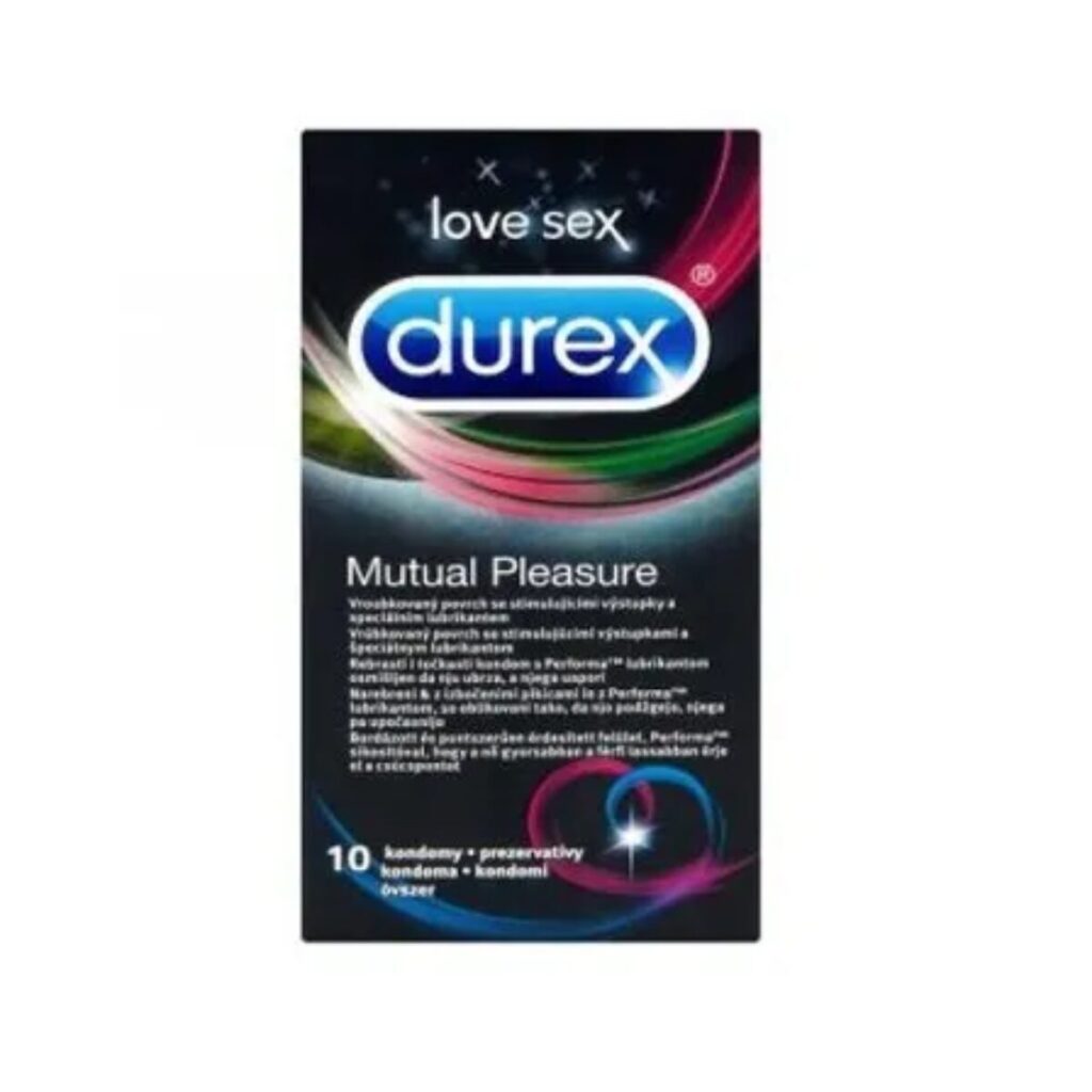 Durex Mutual Pleasure презервативи х10 броя Durex Mutual Pleasure  презервативи на марката Дюрекс са изработени от естествен латекс с релефни ивици и точки осигуряващи максимална стимулация. Анатомичната им "Easy-On" форма осигурява изключителен комфорт по време на употреба и силни чувствени изживявания. Durex Mutual PleasureКутията съдържа 10 индивидуално опаковани презервативи в херметически запечатени пакетчета. Всички презервативи Durex Mutual Pleasure са сертифицирани по CE, тествани по електронен път и 100% естествени. Durex презервативи са предназначени предимно за вагинален секс. Въпреки това, ако решите да ги използвате при орален секс, смазочният материал е безопасен при поглъщане. Препоръчва се, ако се използва при орален секс, да се използва нов презерватив за вагинален секс. Пазете от пряка слънчева светлина. Durex, с над 90 години опит, е водещ производител на сексуални продукти. Те са известни с високото си качество и множеството иновации. Durex Предлага разнообразни продукти за подобряване на сексуалния живот на своите клиенти. Осигуряват безопасност при сексуалните удоволствия. Durex презервативите са известни с преминалите многобройни тестове  и използването на най-добрите материали.  В тяхната продуктова гама освен презервативи спадат лубриканти, вибратори и други аксесоари, допринасящи за вашето неустоимо изживяване. Всеки продукт е тестван по най-високите стандарти гарантиращи за нуждите и очакванията на всеки от потребителите им. Ако турсите защита, комфорт или разнообразие, Durex има решението за вас Разгледайте повече от гамата на Durex  в аптеката.онлайн и открите продуктите, които ще направят интимните ви моменти по-приятни и по-сигурни. В нашия онлайн магазин ще намерите широк избор от техните продукти, които отговарят на най-високите стандарти за качество и безопасност.