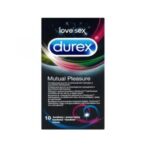 Durex Mutual Pleasure презервативи х10 броя Durex Mutual Pleasure  презервативи на марката Дюрекс са изработени от естествен латекс с релефни ивици и точки осигуряващи максимална стимулация. Анатомичната им "Easy-On" форма осигурява изключителен комфорт по време на употреба и силни чувствени изживявания. Durex Mutual PleasureКутията съдържа 10 индивидуално опаковани презервативи в херметически запечатени пакетчета. Всички презервативи Durex Mutual Pleasure са сертифицирани по CE, тествани по електронен път и 100% естествени. Durex презервативи са предназначени предимно за вагинален секс. Въпреки това, ако решите да ги използвате при орален секс, смазочният материал е безопасен при поглъщане. Препоръчва се, ако се използва при орален секс, да се използва нов презерватив за вагинален секс. Пазете от пряка слънчева светлина. Durex, с над 90 години опит, е водещ производител на сексуални продукти. Те са известни с високото си качество и множеството иновации. Durex Предлага разнообразни продукти за подобряване на сексуалния живот на своите клиенти. Осигуряват безопасност при сексуалните удоволствия. Durex презервативите са известни с преминалите многобройни тестове  и използването на най-добрите материали.  В тяхната продуктова гама освен презервативи спадат лубриканти, вибратори и други аксесоари, допринасящи за вашето неустоимо изживяване. Всеки продукт е тестван по най-високите стандарти гарантиращи за нуждите и очакванията на всеки от потребителите им. Ако турсите защита, комфорт или разнообразие, Durex има решението за вас Разгледайте повече от гамата на Durex  в аптеката.онлайн и открите продуктите, които ще направят интимните ви моменти по-приятни и по-сигурни. В нашия онлайн магазин ще намерите широк избор от техните продукти, които отговарят на най-високите стандарти за качество и безопасност.