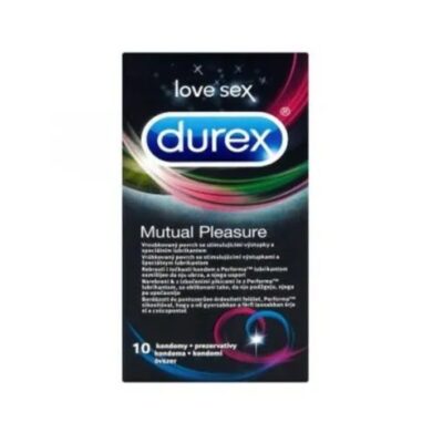 Durex Mutual Pleasure презервативи х10 броя Durex Mutual Pleasure  презервативи на марката Дюрекс са изработени от естествен латекс с релефни ивици и точки осигуряващи максимална стимулация. Анатомичната им "Easy-On" форма осигурява изключителен комфорт по време на употреба и силни чувствени изживявания. Durex Mutual PleasureКутията съдържа 10 индивидуално опаковани презервативи в херметически запечатени пакетчета. Всички презервативи Durex Mutual Pleasure са сертифицирани по CE, тествани по електронен път и 100% естествени. Durex презервативи са предназначени предимно за вагинален секс. Въпреки това, ако решите да ги използвате при орален секс, смазочният материал е безопасен при поглъщане. Препоръчва се, ако се използва при орален секс, да се използва нов презерватив за вагинален секс. Пазете от пряка слънчева светлина. Durex, с над 90 години опит, е водещ производител на сексуални продукти. Те са известни с високото си качество и множеството иновации. Durex Предлага разнообразни продукти за подобряване на сексуалния живот на своите клиенти. Осигуряват безопасност при сексуалните удоволствия. Durex презервативите са известни с преминалите многобройни тестове  и използването на най-добрите материали.  В тяхната продуктова гама освен презервативи спадат лубриканти, вибратори и други аксесоари, допринасящи за вашето неустоимо изживяване. Всеки продукт е тестван по най-високите стандарти гарантиращи за нуждите и очакванията на всеки от потребителите им. Ако турсите защита, комфорт или разнообразие, Durex има решението за вас Разгледайте повече от гамата на Durex  в аптеката.онлайн и открите продуктите, които ще направят интимните ви моменти по-приятни и по-сигурни. В нашия онлайн магазин ще намерите широк избор от техните продукти, които отговарят на най-високите стандарти за качество и безопасност.
