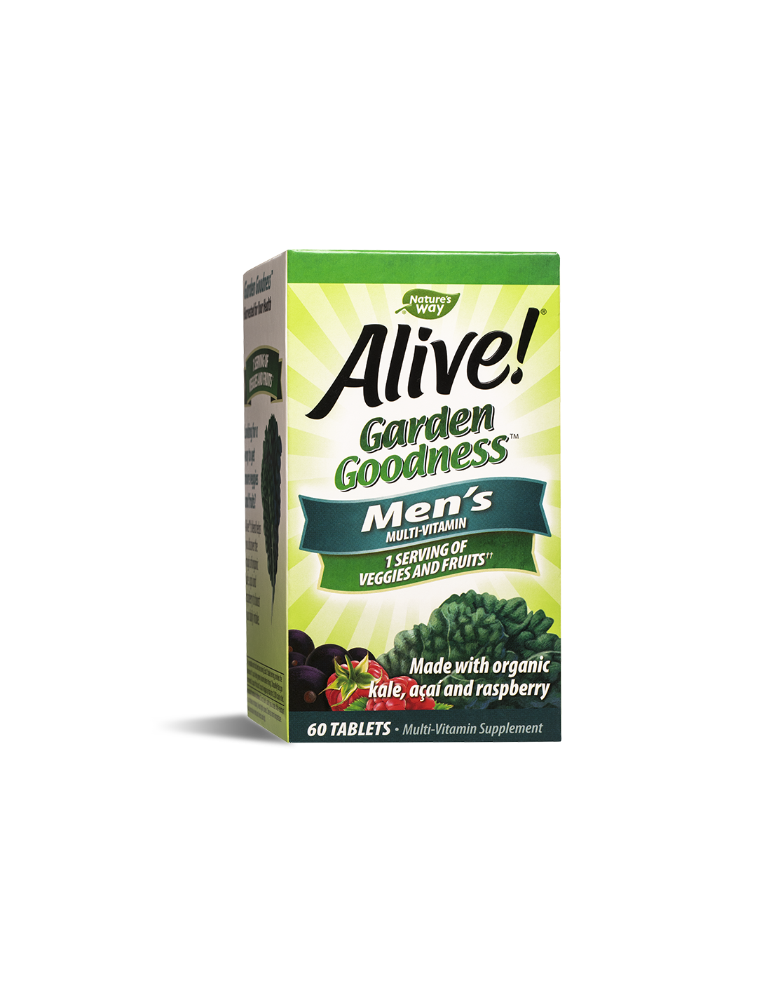 Alive! Мултивитамини за мъже х 60 таблетки ALIVE! Garden Goodness™ Men’s Multi-Vitamin Хранителна добавка, 60 таблетки   Alive! Мултивитамини за мъже е комплексна формула мултивитамини за мъже, която осигурява  оптималната доза (19)витамини (A, B, C, D, E и K) и минерали , плодове и зеленчуци органик- зеле, акай, малина.  Витамините от B групата спомагат за превръщането на храната в енергия, за да почувстват мъжете прилив на енергия, в същото време осигурява специализирана грижа за специфичните нужди на мъжете: подкрепа за сърцето, мускулите, зрението и имунната защита. Alive! Мултивитамини за мъже Съставки на Alive! Мултивитамини за мъже: В 1 табл.: Дн. доза: Витамин А (70% ретинил ацетат и 30% бета каротин) 450 µg 450 µg Витамин С (аскорбинова киселина) 45 mg 45 mg Витамин D (холекалциферол) 10 µg 10 µg Витамин Е (d-алфа токоферил ацетат) 11.25 mg 11.25 mg Витамин К (фитонадион) 60 mg 60 mg Витамин В1 (тиамин) 1.2 mg 1.2 mg Витамин В2 (рибофлавин) 1.3 mg 1.3 mg Витамин В3 (ниацин/ниацинамид) 12 mg 12 mg Витамин В6 (пиридоксин хидрохлорид) 1.7 mg 1.7 mg Фолат (витамин В9) (120 µg Фолиева киселина) 200 µg 200 µg Витамин В12 (цианокобаламин) 3.6 µg 3.6 µg Биотин (витамин В7) 15 µg 15 µg Пантотенова киселина (витамин В), (калциев d-пантонтенат) 3.75 mg 3.75 mg Йод (калиев йодид) 75 µg 75 µg Цинк (цинков оксид) 6.85 mg 6.85 mg Селен (натирив селенат) 48.1 mg 48.1 mg Мед (меден хлорофилин) 0.45 mg 0.45 mg Манган (манганов сулфат) 1.15 mg 1.15 mg Молибден (натриев молибдат) 22.5 µg 22.5 µg Плодове и зеленуци Органик Кейл Органик, акай Органик, малина Органик, ябълка Органик, манго Органик, боровинка Органик, морков Органик, червена боровинка Органик, черен бъз Органик, череша Ограник. 700 mg 700 mg Ликопен 300 µg 300 µg Лутеин 50 µg 50 µg Декстроза Органик, карнаубски восък Органик, малтодекстрин Органик, слънчогледов лецитин Органик, масло от палма Органик, гума Гуар Органик. Alive! Мултивитамини за мъже Не съдържа: Изкуствени оцветители, аромати, консерванти, млечни продукти, глутен, захар, пшеница, мая. Приложение: Осигурява всички необходими витамини и минерали за нормалното функциониране на мъжкия организъм. Alive! Мултивитамини за мъже Забележка:  Не се препоръчва за жени  и деца. Да не се използва като заместител на разнообразното и пълноценно хранене. Да не се превишава дневната препоръчителна доза. Alive! Мултивитамини за мъже Дозировка и приложение: По 1 таблетка дневно, за предпочитане с храна. Съхранение: На хладно и сухо място, недостъпно за деца! Годност и партида: Маркирани дъното на опаковката. Производител: Nature’s Way products, Inc , USA Natures Way е лидер в индустрията на хранителните добавки. Тя е основата през 1969 година. Мисията на Natures Way е да осигури хранителни добавки с натурални и високо качествени съставки. Alive! Мултивитамини за мъже Фокусът на Natures Way е чистотата и ефективността на техните продукти. Те са първата компания преработваща билки. Притежава съоражение кла OTC(1983) Natures Way е първият билкова бранд който притежава сертификати Non-GMO и TRU-ID™. Това гаранитира за чистотата на състава и безпасния произход на използваните суровини. Alive! Мултивитамини за мъже TRU-ID е първата и независима тестова програма. Тя изполва ДНК биотехнологии за удостоверяване на автентичността и качеството на използваните билкови продукти.  Non-GMO Project е независима тестова програма, която е ангажирана с най-добрите практики за тестване и предоставяне на продуктите без ГМО. Alive! Мултивитамини за мъже Погрижете се за вашето здраве от рано и разгледайте разнообразната гама продукти на Natures Way  в нашия онлайн магазин aptekata.online