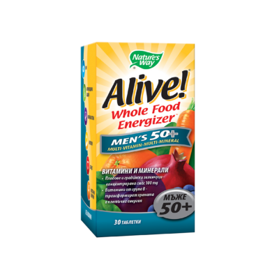 Alive! Mултивитамини за мъже 50+, 30 таблетки ALIVE MEN’S 50+ MULTI Хранителна добавка, 30 таблетки Alive! Mултивитамини за мъже 50+ са специализирани мултивитамини създадени в подкрепа на мъжкото здраве след 50 годишна възраст. Поддържат имунната система, физическата издръжливост и тонуса, осигурявайки всички необходими витамини и минерали.  Основни ползи на Alive! Mултивитамини за мъже 50+: Спомагат за поддържане на здравословното състояние на сърдечно-съдовата и имунната система. Действат благоприятно върху функционирането на простатата. Редуцират влиянието на стреса върху психиката. Подсилват костите и мускулите. Допринасят за по-голяма физическа издръжливост. Намаляват времето за възстановяване след тежки физически натоварвания. Специално балансираната формула за мъже над 50 години Alive! Mултивитамини за мъже 50+ съдържа витамини от група В, които трансформират храната в клетъчна енергия, минерали, антиоксиданти и смес от плодове от овощни градини и градински зеленчуци. Не съдържа изкуствени аромати, консерванти, консерванти,  глутен, соя, захар, дрожди, пшеница, млечни продукти, кофеин. Alive! Mултивитамини за мъже 50+ Съставки на Alive! Mултивитамини за мъже 50+: В 1 капс.: Дн. доза: Витамин А (като 70% [630 µg] ретинил ацетат и 30% [270 µg] бета-каротин) 900 µg 900 µg Витамин С (аскорбинова киселина) 180 mg 180 mg Витамин D3 (като холекалциферол) 8 µg 8 µg Витамин Е (като D-алфа токоферил ацетат) 30 mg 30 mg Витамин К (фитоменадион) 100 µg 100 µg Тиамин (като тиамин мононитрат) 3.6 mg 3.6 mg Рибофлавин 2.6 mg 2.6 mg Ниацин (ниацинамид) 10 mg 10 mg Витамин В6 (пиридоксин HСI) 5.1 mg 5.1 mg Фолaт (Фолиева киселина) 240 µg 240 µg Витамин В12 (като цианокобаламин) 40 µg 40 µg Биотин 30 µg 30 µg Калций (калциев карбонат, дикалциев фосфат,калциев d-пантонтенат) 130 mg 130 mg Йод (калиев йодид) 150 µg 150 µg Магнезий (оксид) 105 mg 105 mg Цинк (оксид) 15 mg 15 mg Селен (L-селенометионин) 96 µg 96 µg Мед (меден сулфат) 900 µg 900 µg Манган (манганов сулфат) 4 mg 4 mg Молибден (натриев молибдат) 45 µg 45 µg Натрий 5 mg 5 mg Смес от плодове и градински зеленчуци /Orchard Fruits™ and Garden Veggies™/ Синя боровинка, Портокал, Морков, Нар, Слива, Ягода, Ябълка, Цвекло, Круша, Домат, Малина, Броколи, Череша, Спанак, Карфиол, Грозде, Акай, Аспержи, Банан, Брюкселско зеле, Зеле, Червена боровинка, Краставица, Грах, Ананас, Тиква. 100  mg 100  mg Лутеин (цвят от Ацтетски Невен) 300 µg 300 µg Ликопен 600 µg 600 µg Бор (натриев борат) 150 µg 150 µg Целулоза, Натриева кроскармелоза, Стеаринова киселина, Хидроксипропил целулоза, Магнезиев стеарат, Полидректроза, Титаниев диоксид (за цвят), Силициев двуокис, Средно-верижни триглицериди, Кармин (за цвят). Alive! Mултивитамини за мъже 50+ Не съдържа: Изкуствени аромати, консерванти, консерванти,  глутен, соя, захар, дрожди, пшеница, млечни продукти, кофеин. Дозировка: По 1 таблетка дневно, за предпочитане с храна. Увеличете приема на течности по време на употреба. Приложение: Осигурява всички необходими витамини и минерали за нормалното функциониране на организма при мъжете над 50 години. Alive! Mултивитамини за мъже 50+ Забележка: Да не се използва като заместител на разнообразното и пълноценно хранене. Да не се превишава препоръчителната дневна доза.  Дозировка и приложение: По 1 таблетка дневно, за предпочитане с храна. Увеличете приема на течности по време на употреба. Alive! Mултивитамини за мъже 50+ Съхранение: На хладно и сухо място, недостъпно за деца! Alive! Mултивитамини за мъже 50+ Годност: Виж дъното на опаковката. Производител: Nature’s Way products, Inc , USA Natures Way е лидер в индустрията на хранителните добавки. Тя е основата през 1969 година. Мисията на Natures Way е да осигури хранителни добавки с натурални и високо качествени съставки. Alive! Mултивитамини за мъже 50+ Фокусът на Natures Way е чистотата и ефективността на техните продукти. Те са първата компания преработваща билки. Притежава съоражение кла OTC(1983) Natures Way е първият билкова бранд който притежава сертификати Non-GMO и TRU-ID™. Това гаранитира за чистотата на състава и безпасния произход на използваните суровини. Alive! Mултивитамини за мъже 50+ TRU-ID е първата и независима тестова програма. Тя изполва ДНК биотехнологии за удостоверяване на автентичността и качеството на използваните билкови продукти.  Non-GMO Project е независима тестова програма, която е ангажирана с най-добрите практики за тестване и предоставяне на продуктите без ГМО. Погрижете се за вашето здраве от рано и разгледайте разнообразната гама продукти на Natures Way  в нашия онлайн магазин aptekata.online