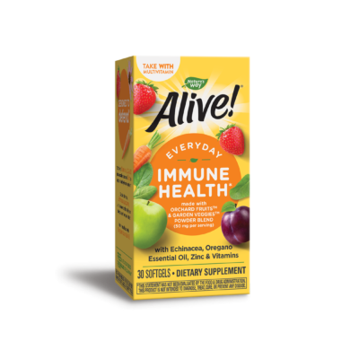 Alive Immune Health x 30 софтгел капсули Alive! Immune Health е висококачествен продукт в подкрепа на имунитета. Натуралната формула съдържа витамини А, С и D, минерала цинк и екстракти от ехинацея и риган. Основни ползи: Притежава мощни имуностимулиращи, противовъзпалителни и болкоуспокояващи действия. Спомага срещу вирусни респираторни инфекции. Допринася за намаляване риска от преминаване на вирусната респираторна инфекция в бактериална. Съдейства за улесняване извеждането на секретите. Облекчава симптомите при бронхит, възпалено гърло, кашлица с неясен произход и други състояния на дихателната система Alive Immune Health съдържа едни от най-важните за имунитета витамини: А, C и D, минерала цинк, екстракт от ехинацея и масло от риган – билки с мощни противовирусни и антибактериални ефекти. Екстрактът от ехинацея оказва благоприятно влияние при инфекции на горните дихателни пътища, грип и обикновена простуда, инфекции на пикочните пътища, и други състояния. Alive Immune Health Маслото от риган е едно от най-мощните средства с естествени антибиотични ефекти. Влияе положително срещу настинка, нарушено храносмилане и разстроен стомах. Alive Immune Health Витамин С в продукта стимулира съпротивителните сили на организма и спомага за увеличаване на жизнеността и енергията. Витамин D допринася за нормалното състояние на костите, хрущялите, зъбите и венците. Цинкът подпомага имунната система, зрението и нормалното функциониране на дихателните пътища. Продуктът Alive Immune Health на Nature’s Way допринася за превенция срещу простуда, грип и респираторни проблеми и намаляват продължителността на боледуването. Съставки на Alive Immune Health: В 1 капс.: Дн. доза: Витамин А (ретинил палмитат) 900 µg 900 µg Витамин С 90 mg 90 mg Витамин D3(холекалциферол) 20 µg 20 µg Цинк (оксид) 5.5 mg 5.5 mg Ехинацея пурпурея (въздушни части) 150 mg 150 mg Риган масло (надземни части) 20 mg 20 mg Orchard Fruits™ & Garden Veggies -  смес екстракти от плодове и градински зеленчуци: Спанак, грах, зеле, карфиол, aспержи, броколи, брюкселско зеле, краставица, домат, червено цвекло, морков, ябълка, aкай, череша, грозде, малина, банан, синя боровинка, ананас, ягода, червена боровинка 50 mg 50 mg Слънчогледово олио, желатин, глицерин, пчелен восък, пречистена вода, слънчогледов лецитин, анато за цвят. Alive Immune Health Не съдържа: глутен, дрожди, пшеница. Хранителна добавка, 30 софтгел капсули. Дозировка и приложение Приложение на Alive Immune Health: Допринася за нормалното функциониране на имунната система. Забележка: При бременност или кърмене, консултирайте се с лекар преди употреба. Не се препоръчва за лица, страдащи от автоимунни заболявания. Лица с алергия към растения от сем. Кръстоцветни да използват с повишено внимание. Да не се използва като заместител на разнообразното и пълноценно хранене. Да не се превишава препоръчителната дневна доза. Alive Immune Health При бременност или кърмене, консултирайте се с лекар преди употреба. Дозировка: За възрастни: По 1 капсула дневно. Съхранение: На хладно и сухо място, недостъпно за деца! Годност и партида: Маркирани на опаковката. Производител: Nature’s Way products, Inc, USA. Natures Way е лидер в индустрията на хранителните добавки. Тя е основата през 1969 година. Мисията на Natures Way е да осигури хранителни добавки с натурални и високо качествени съставки. Alive Immune Health Фокусът на Natures Way е чистотата и ефективността на техните продукти. Те са първата компания преработваща билки. Притежава съоражение кла OTC(1983) Natures Way е първият билкова бранд който притежава сертификати Non-GMO и TRU-ID™. Това гаранитира за чистотата на състава и безпасния произход на използваните суровини. Alive Immune Health Alive Immune Health TRU-ID е първата и независима тестова програма. Тя изполва ДНК биотехнологии за удостоверяване на автентичността и качеството на използваните билкови продукти.  Non-GMO Project е независима тестова програма, която е ангажирана с най-добрите практики за тестване и предоставяне на продуктите без ГМО. Погрижете се за вашето здраве от рано и разгледайте разнообразната гама продукти на Natures Way  в нашия онлайн магазин aptekata.online