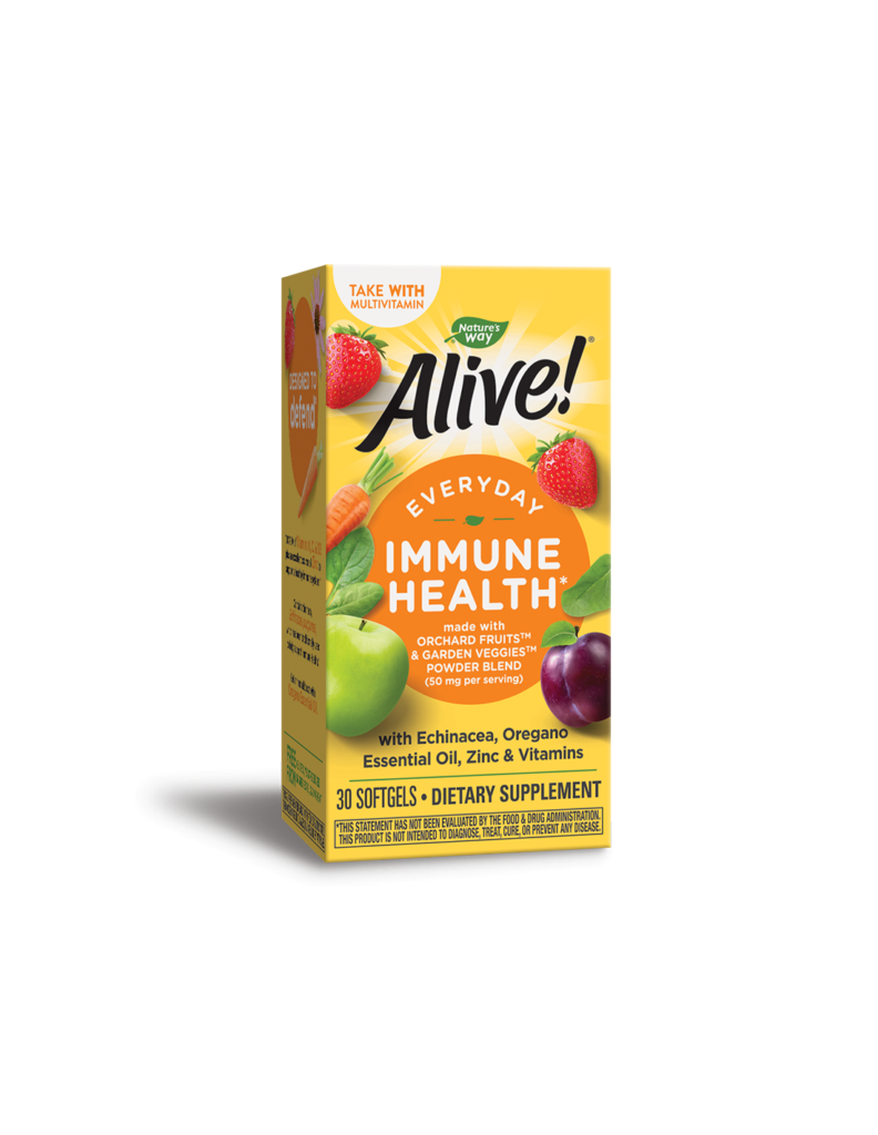Alive Immune Health x 30 софтгел капсули Alive! Immune Health е висококачествен продукт в подкрепа на имунитета. Натуралната формула съдържа витамини А, С и D, минерала цинк и екстракти от ехинацея и риган. Основни ползи: Притежава мощни имуностимулиращи, противовъзпалителни и болкоуспокояващи действия. Спомага срещу вирусни респираторни инфекции. Допринася за намаляване риска от преминаване на вирусната респираторна инфекция в бактериална. Съдейства за улесняване извеждането на секретите. Облекчава симптомите при бронхит, възпалено гърло, кашлица с неясен произход и други състояния на дихателната система Alive Immune Health съдържа едни от най-важните за имунитета витамини: А, C и D, минерала цинк, екстракт от ехинацея и масло от риган – билки с мощни противовирусни и антибактериални ефекти. Екстрактът от ехинацея оказва благоприятно влияние при инфекции на горните дихателни пътища, грип и обикновена простуда, инфекции на пикочните пътища, и други състояния. Alive Immune Health Маслото от риган е едно от най-мощните средства с естествени антибиотични ефекти. Влияе положително срещу настинка, нарушено храносмилане и разстроен стомах. Alive Immune Health Витамин С в продукта стимулира съпротивителните сили на организма и спомага за увеличаване на жизнеността и енергията. Витамин D допринася за нормалното състояние на костите, хрущялите, зъбите и венците. Цинкът подпомага имунната система, зрението и нормалното функциониране на дихателните пътища. Продуктът Alive Immune Health на Nature’s Way допринася за превенция срещу простуда, грип и респираторни проблеми и намаляват продължителността на боледуването. Съставки на Alive Immune Health: В 1 капс.: Дн. доза: Витамин А (ретинил палмитат) 900 µg 900 µg Витамин С 90 mg 90 mg Витамин D3(холекалциферол) 20 µg 20 µg Цинк (оксид) 5.5 mg 5.5 mg Ехинацея пурпурея (въздушни части) 150 mg 150 mg Риган масло (надземни части) 20 mg 20 mg Orchard Fruits™ & Garden Veggies -  смес екстракти от плодове и градински зеленчуци: Спанак, грах, зеле, карфиол, aспержи, броколи, брюкселско зеле, краставица, домат, червено цвекло, морков, ябълка, aкай, череша, грозде, малина, банан, синя боровинка, ананас, ягода, червена боровинка 50 mg 50 mg Слънчогледово олио, желатин, глицерин, пчелен восък, пречистена вода, слънчогледов лецитин, анато за цвят. Alive Immune Health Не съдържа: глутен, дрожди, пшеница. Хранителна добавка, 30 софтгел капсули. Дозировка и приложение Приложение на Alive Immune Health: Допринася за нормалното функциониране на имунната система. Забележка: При бременност или кърмене, консултирайте се с лекар преди употреба. Не се препоръчва за лица, страдащи от автоимунни заболявания. Лица с алергия към растения от сем. Кръстоцветни да използват с повишено внимание. Да не се използва като заместител на разнообразното и пълноценно хранене. Да не се превишава препоръчителната дневна доза. Alive Immune Health При бременност или кърмене, консултирайте се с лекар преди употреба. Дозировка: За възрастни: По 1 капсула дневно. Съхранение: На хладно и сухо място, недостъпно за деца! Годност и партида: Маркирани на опаковката. Производител: Nature’s Way products, Inc, USA. Natures Way е лидер в индустрията на хранителните добавки. Тя е основата през 1969 година. Мисията на Natures Way е да осигури хранителни добавки с натурални и високо качествени съставки. Alive Immune Health Фокусът на Natures Way е чистотата и ефективността на техните продукти. Те са първата компания преработваща билки. Притежава съоражение кла OTC(1983) Natures Way е първият билкова бранд който притежава сертификати Non-GMO и TRU-ID™. Това гаранитира за чистотата на състава и безпасния произход на използваните суровини. Alive Immune Health Alive Immune Health TRU-ID е първата и независима тестова програма. Тя изполва ДНК биотехнологии за удостоверяване на автентичността и качеството на използваните билкови продукти.  Non-GMO Project е независима тестова програма, която е ангажирана с най-добрите практики за тестване и предоставяне на продуктите без ГМО. Погрижете се за вашето здраве от рано и разгледайте разнообразната гама продукти на Natures Way  в нашия онлайн магазин aptekata.online