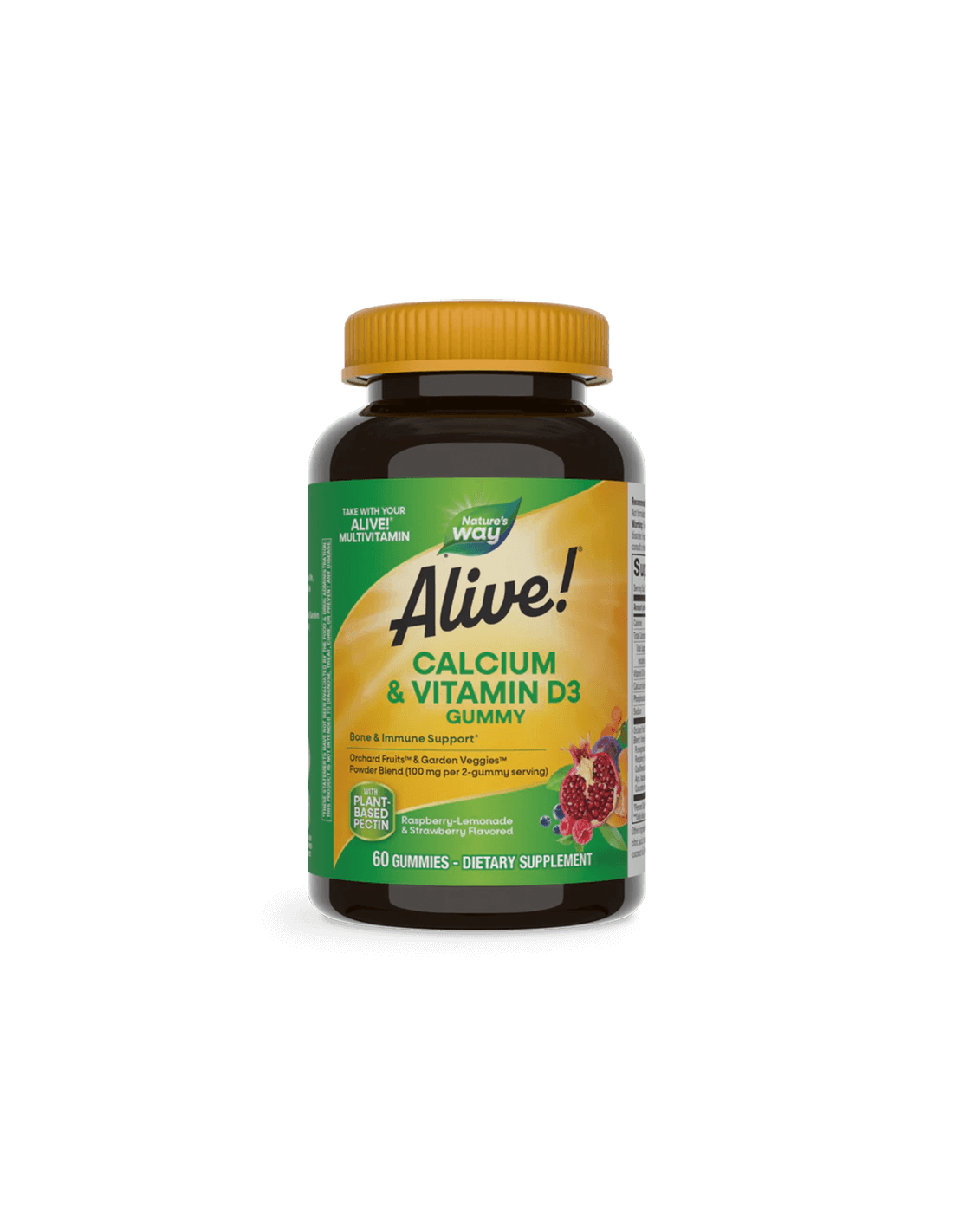 Алайв! Калций + D3, 60 желирани таблетки Действа укрепващо на костите и редуцира риска от фрактури. Подпомага формирането и метаболизма на костната тъкан, укрепва скелетната мускулатура. Спомага за поддържане здравината на зъбите. Алайв! Калций + D3 Всяка от 4-те таблетки  Алайв! Калций + D3 от дневната доза осигурява : 1,000 мг калций 2,000 IU витамин Д3 смес от плодове от овощни градини и градински зеленчуци приготвени с пектин, а не с желатин вкусен плодов аромат подсладени със сироп от тапиока Калций (като трикалциев глицерофосфат) 250 mg 500 mg Витамин D (като холикалциферол) 5 µg 10 µg Фосфор (като трикалциев глицерофосфат) 115 mg 230 mg Калории   12.5 25 Въглехидрати 3 g 6 g Захари 2 g 4 g Смес от плодове и зеленчуци: Сок на прах: слива, круша, ябълка, цвекло, ягода, краставица, домат, червена боровинка, череша, зеле, морков, карфиол, черна боровинка, грозде, кайсия, папая, портокал, ананас, аспержа, броколи, брюкселско зеле, целина, фасул, спанак; Нар (семена); Екстракт от акай (плод) 50 mg  100 mg Други съставки на Алайв! Калций + D3: Органичен сироп от тапиока, сух сироп от тръстика, пектин, натурални оцветители (сок от черен морков, концентрат), естествени аромати (череша и ягода), фракционирано кокосово масло, пчелен восък. Без глутен, желатин, млечни продукти, мая, пшеница, фъстъци, яйца, изкуствени оцветители и консерванти. Приложение на Алайв! Калций + D3: Осигурява оптимална доза от Калций, витамини,минерали и хранителни вещества за подхранване на организма. Забележка: Да не се използва като заместител на разнообразното и пълноценно хранене. Да не се превишава препоръчителната дневна доза. Дозировка и приложение: За възрастни и деца над 13 год. сдъвквайте по 1 таблетка 2 пъти дневно, с или без храна. Съхранение: На хладно и сухо място, недостъпно за деца! Алайв! Калций + D3 Годност: Виж опаковката. Производител: Nature’s Way products, Inc , USA Алайв! Калций + D3 Natures Way е лидер в индустрията на хранителните добавки. Тя е основата през 1969 година. Мисията на Natures Way е да осигури хранителни добавки с натурални и високо качествени съставки. Фокусът на Natures Way е чистотата и ефективността на техните продукти. Те са първата компания преработваща билки. Притежава съоражение кла OTC(1983) Natures Way е първият билкова бранд който притежава сертификати Non-GMO и TRU-ID™. Това гаранитира за чистотата на състава и безпасния произход на използваните суровини. TRU-ID е първата и независима тестова програма. Тя изполва ДНК биотехнологии за удостоверяване на автентичността и качеството на използваните билкови продукти.  Non-GMO Project е независима тестова програма, която е ангажирана с най-добрите практики за тестване и предоставяне на продуктите без ГМО. Погрижете се за вашето здраве от рано и разгледайте разнообразната гама продукти на Natures Way  в нашия онлайн магазин aptekata.online 25