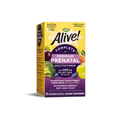 Alive! Премиум мултивитамини за бременни с растителна DHA, 60 софтгел капсули Мултивитамини, които са предназначени за жените в периода преди и по време на бременността. Дозиран е така балансирано, че доставя за всеки ден 18 витамина и минерала с висока активност, в това число 400 мкг фолиева киселина и най-качествената форма на витамин C- калциев аскорбат Alive! Премиум мултивитамини за бременни.  В състава на мултивитамините участва също патентована комбинация от овощни плодове на градински зеленчуци, калций (Aquamin®) от червени водорасли, DHA (Life’s DHA®) от водорасли. Изборът на червени водорасли не е случаен, защото DHA с растителен произход е значително по-здравословна, защото водораслите, от които се извличат полезните вещества, не съдържат живак и други токсини. Alive! Премиум мултивитамини за бременни Полeзни свойства на Alive! Премиум мултивитамини за бременни : Ограничаване на риска от дефекти на невралната тръба (вродени аномалии на главния и гръбначен мозък) на плода; Стимулиране образуването на червени кръвни клетки и предпазването от анемия; Поддържа добри нива на жизненост и енергичност; Благоприятства за доброто състояние на косата и кожата Насърчава нормалните функции на имунната система Съставки Alive! Премиум мултивитамини за бременни: В 1 капс.: Дн. доза: Витамин А (50% ретинил палмитат (325 µg), 50% бета каротен (325 µg)) 650 µg 650 µg Витамин С (калциев аскорбат)  60 mg  60 mg Витамин D3 (холекалциферол) 11.25 µg 11.25 µg Витамин Е (d-алфа токоферол) 9.5 mg 9.5 mg Витамин К (фитонадион) 45 µg 45 µg Витамин В1 (тиамин ) 1.4 mg 1.4 mg Витамин В2 (рибофлавин) 1.6 mg 1.6 mg Ниацин (ниацинамид) 9 mg 9 mg Витамин В6 (пиридоксин хидрохлорид) 2 mg 2 mg Фолат (314 µg Quatrefolic® 6S-5-метилтетрахидрофолат глюкозаминова сол) 300 µg 300 µg Витамин В12 (метилкобаламин) 2.8 µg 2.8 µg Биотин 17.5 µg 17.5 µg Пантотенова к-на (калциев D-пантотенат) 3.5 mg 3.5 mg Холин (холин битартарат) 5.5 mg 5.5 mg Калций (калций Aquamin® (калциев аскорбат от Червени водорасли /Lithamnion species/цяло растение) 100 mg 100 mg Желязо (железен фумарат) 21 mg 21 mg Йод (калиев йодид) 145 µg 145 µg Магнезий (магнезиев оксид) (като Aquamin® от калцифициран минерален източник, червени микроводорасли Lithothamnion sp), цяло растение) 44 mg 44 mg Цинк (цинк глицинат) 7.5 mg 7.5 mg Селен (L-метионин) 70 µg 70 µg Мед (меден бисглицинат) 1 mg 1 mg Натрий 7.5 mg 7.5 mg DHA (докозахексаноева к-на) /Life’s DHA®S  масло от водорасли  Shcizochytrium sp./) 100 mg 100 mg Orchard Fruits™ & Garden Veggies™      Патентована смес от овощни плодове и градински зеленчуци на прах: спанак, грах, зеле, карфиол, аспержи, броколи, брюкселско зеле, краставица, ябълка, домат, акай бери, череша, грозде, малина, синя слива, червено цвекло, морков, банан, боровинка, ананас, ягода, червена боровинка. 50  mg 50  mg Инозитол 5  mg 5  mg Слънчогледово олио, модифицирано нишесте, карагенан, глицерин, сорбитол,  слънчогледов лецитин, восък от канделила,  анато за цвят, пречистена вода, натурални аромани. Alive! Премиум мултивитамини за бременни Не съдържа:  Глутен, дрожди, пшеница. Подходящо за вегетарианци. Приложение: DHA не е извлечена от рибено масло и не съдържа вредни нива на живак. Alive! Премиум мултивитамини за бременни Специално създадена формула за бременни и кърмещи жени, която допринася за набавянето на нормалното количество витамини и минерали плюс широка бленда от  плодове и зеленчуци, необходими за здравето на майката и плода. Alive! Премиум мултивитамини за бременни Алайв  Мултивитамини за бременни  е подходящ както в периода преди забременяването, така и по време на бременността. Забележка: Не използвайте ако страдате от хипертироидизъм или сте чувствителни към йод. Ако имате нарушено кръвосъсирване или приемате лекарства като Фарфарин се консултирайте с лекар преди употреба.  Да не се използва като заместител на разнообразното и пълноценно хранене. Да не се превишава дневната препоръчителна доза. Alive! Премиум мултивитамини за бременни Дозировка и приложение: По 1 софтгел капсула дневно, за предпочитане по време на хранене. Съхранение на Alive! Премиум мултивитамини за бременни : На хладно и сухо място, недостъпно за деца! Годност и партида: Маркирани дъното на опаковката. Производител: Nature’s Way products, Inc , USA Natures Way е лидер в индустрията на хранителните добавки. Тя е основата през 1969 година. Мисията на Natures Way е да осигури хранителни добавки с натурални и високо качествени съставки. Alive! Премиум мултивитамини за бременни Фокусът на Natures Way е чистотата и ефективността на техните продукти. Те са първата компания преработваща билки. Притежава съоражение кла OTC(1983) Natures Way е първият билкова бранд който притежава сертификати Non-GMO и TRU-ID™. Това гаранитира за чистотата на състава и безпасния произход на използваните суровини. Alive! Премиум мултивитамини за бременни TRU-ID е първата и независима тестова програма. Тя изполва ДНК биотехнологии за удостоверяване на автентичността и качеството на използваните билкови продукти.  Non-GMO Project е независима тестова програма, която е ангажирана с най-добрите практики за тестване и предоставяне на продуктите без ГМО. Погрижете се за вашето здраве от рано и разгледайте разнообразната гама продукти на Natures Way  в нашия онлайн магазин aptekata.online