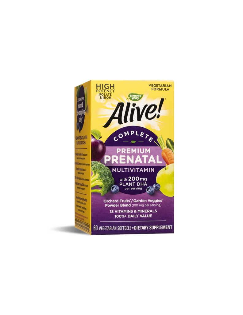 Alive! Премиум мултивитамини за бременни с растителна DHA, 60 софтгел капсули Мултивитамини, които са предназначени за жените в периода преди и по време на бременността. Дозиран е така балансирано, че доставя за всеки ден 18 витамина и минерала с висока активност, в това число 400 мкг фолиева киселина и най-качествената форма на витамин C- калциев аскорбат Alive! Премиум мултивитамини за бременни.  В състава на мултивитамините участва също патентована комбинация от овощни плодове на градински зеленчуци, калций (Aquamin®) от червени водорасли, DHA (Life’s DHA®) от водорасли. Изборът на червени водорасли не е случаен, защото DHA с растителен произход е значително по-здравословна, защото водораслите, от които се извличат полезните вещества, не съдържат живак и други токсини. Alive! Премиум мултивитамини за бременни Полeзни свойства на Alive! Премиум мултивитамини за бременни : Ограничаване на риска от дефекти на невралната тръба (вродени аномалии на главния и гръбначен мозък) на плода; Стимулиране образуването на червени кръвни клетки и предпазването от анемия; Поддържа добри нива на жизненост и енергичност; Благоприятства за доброто състояние на косата и кожата Насърчава нормалните функции на имунната система Съставки Alive! Премиум мултивитамини за бременни: В 1 капс.: Дн. доза: Витамин А (50% ретинил палмитат (325 µg), 50% бета каротен (325 µg)) 650 µg 650 µg Витамин С (калциев аскорбат)  60 mg  60 mg Витамин D3 (холекалциферол) 11.25 µg 11.25 µg Витамин Е (d-алфа токоферол) 9.5 mg 9.5 mg Витамин К (фитонадион) 45 µg 45 µg Витамин В1 (тиамин ) 1.4 mg 1.4 mg Витамин В2 (рибофлавин) 1.6 mg 1.6 mg Ниацин (ниацинамид) 9 mg 9 mg Витамин В6 (пиридоксин хидрохлорид) 2 mg 2 mg Фолат (314 µg Quatrefolic® 6S-5-метилтетрахидрофолат глюкозаминова сол) 300 µg 300 µg Витамин В12 (метилкобаламин) 2.8 µg 2.8 µg Биотин 17.5 µg 17.5 µg Пантотенова к-на (калциев D-пантотенат) 3.5 mg 3.5 mg Холин (холин битартарат) 5.5 mg 5.5 mg Калций (калций Aquamin® (калциев аскорбат от Червени водорасли /Lithamnion species/цяло растение) 100 mg 100 mg Желязо (железен фумарат) 21 mg 21 mg Йод (калиев йодид) 145 µg 145 µg Магнезий (магнезиев оксид) (като Aquamin® от калцифициран минерален източник, червени микроводорасли Lithothamnion sp), цяло растение) 44 mg 44 mg Цинк (цинк глицинат) 7.5 mg 7.5 mg Селен (L-метионин) 70 µg 70 µg Мед (меден бисглицинат) 1 mg 1 mg Натрий 7.5 mg 7.5 mg DHA (докозахексаноева к-на) /Life’s DHA®S  масло от водорасли  Shcizochytrium sp./) 100 mg 100 mg Orchard Fruits™ & Garden Veggies™      Патентована смес от овощни плодове и градински зеленчуци на прах: спанак, грах, зеле, карфиол, аспержи, броколи, брюкселско зеле, краставица, ябълка, домат, акай бери, череша, грозде, малина, синя слива, червено цвекло, морков, банан, боровинка, ананас, ягода, червена боровинка. 50  mg 50  mg Инозитол 5  mg 5  mg Слънчогледово олио, модифицирано нишесте, карагенан, глицерин, сорбитол,  слънчогледов лецитин, восък от канделила,  анато за цвят, пречистена вода, натурални аромани. Alive! Премиум мултивитамини за бременни Не съдържа:  Глутен, дрожди, пшеница. Подходящо за вегетарианци. Приложение: DHA не е извлечена от рибено масло и не съдържа вредни нива на живак. Alive! Премиум мултивитамини за бременни Специално създадена формула за бременни и кърмещи жени, която допринася за набавянето на нормалното количество витамини и минерали плюс широка бленда от  плодове и зеленчуци, необходими за здравето на майката и плода. Alive! Премиум мултивитамини за бременни Алайв  Мултивитамини за бременни  е подходящ както в периода преди забременяването, така и по време на бременността. Забележка: Не използвайте ако страдате от хипертироидизъм или сте чувствителни към йод. Ако имате нарушено кръвосъсирване или приемате лекарства като Фарфарин се консултирайте с лекар преди употреба.  Да не се използва като заместител на разнообразното и пълноценно хранене. Да не се превишава дневната препоръчителна доза. Alive! Премиум мултивитамини за бременни Дозировка и приложение: По 1 софтгел капсула дневно, за предпочитане по време на хранене. Съхранение на Alive! Премиум мултивитамини за бременни : На хладно и сухо място, недостъпно за деца! Годност и партида: Маркирани дъното на опаковката. Производител: Nature’s Way products, Inc , USA Natures Way е лидер в индустрията на хранителните добавки. Тя е основата през 1969 година. Мисията на Natures Way е да осигури хранителни добавки с натурални и високо качествени съставки. Alive! Премиум мултивитамини за бременни Фокусът на Natures Way е чистотата и ефективността на техните продукти. Те са първата компания преработваща билки. Притежава съоражение кла OTC(1983) Natures Way е първият билкова бранд който притежава сертификати Non-GMO и TRU-ID™. Това гаранитира за чистотата на състава и безпасния произход на използваните суровини. Alive! Премиум мултивитамини за бременни TRU-ID е първата и независима тестова програма. Тя изполва ДНК биотехнологии за удостоверяване на автентичността и качеството на използваните билкови продукти.  Non-GMO Project е независима тестова програма, която е ангажирана с най-добрите практики за тестване и предоставяне на продуктите без ГМО. Погрижете се за вашето здраве от рано и разгледайте разнообразната гама продукти на Natures Way  в нашия онлайн магазин aptekata.online