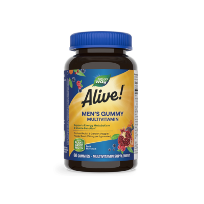 Alive Мултивитамини за мъже, 60 желирани таблетки Alive! Men’s Gummy Complete Multivitamin 60 желирани таблетки Alive Мултивитамини за мъже е специализирана формула създадена в подкрепа на мъжкото здраве. Поддържа имунната система, тонуса, физическата издръжливост и сила. Основни ползи на  Alive Мултивитамини за мъже: Допринася за поддържане на нормалното състояние на сърдечно-съдовата и имунната система. Притежава подкрепящо действие при функционирането на простатата. Намалява влиянието на стреса върху психиката. Подсилва костите и мускулите. Спомага за по-голяма физическа издръжливост. Редуцира времето за възстановяване след тежки физически натоварвания. Специално балансираната формула за мъже до 50 години Alive Мултивитамини за мъже съдържа 15 витамина и минерали, холин и инозитол и смес от плодове от овощни градини и градински зеленчуци. Подсладена е с тапиока и сироп от захарна тръстика. Не съдържа глутен, желатин, дрожди, пшеница, млечни продукти, яйца, ядки и е подходяща за вегетарианци. А желираните таблетки са с приятен вкус и лесни за сдъвкване. Alive Мултивитамини за мъже Съставки: В 1 табл.: Дн. доза: Витамин А (ретинил палмитат) 450  µg 450  µg Витамин С (аскорбинова киселина) 56 mg 56 mg Витамин D3 (холекалциферол) 10 µg 10 µg Витамин Е (d-алфа токоферил ацетат) 7.5 mg 7.5 mg Тиамин (витамин В1) / тиамин хидрохлорид 150 µg 150 µg Рибофлавин (витамин В2) 162.5 µg 162.5 µg Ниацин (ниацинамид) 2 mg 2 mg Витамин В6 (пиридоксин HCI) 2.15 mg 2.15 mg Фолат (като 120 µg фолиева киселина) 200 µg 200 µg Витамин В12 (цианокобаламин) 3 µg 3 µg Биотин 15 µg 15 µg Пантотенова киселина (калциев d-пантотенат) 2.5 mg 2.5 mg Йод (калиев йодид) 75 µg 75 µg Цинк (цитрат) 1.8 mg 1.8 mg Селен (натриев селенат) 43.15 µg 43.15 µg Натрий 7.5 mg 7.5 mg Orchard Fruits™/ Garden veggies Смес от овощни плодове и градински зеленчуци (пудра): Портокал, черна боровинка, нар, синя слива, ягода, круша, ябълка, малина, череша, ананас, тиква, грозде, Акай бери, банан, червена боровинка; морков, червено цвекло, карфиол, аспрежи, брокколи, брюкселско зеле, цветно зеле, краставица, грах, спанак, домат. цветно зеле, краставица, грах, спанак, домат. 50 mg 50 mg Ликопен 250 µg 250 µg Инозитол 20 µg 20 µg Калории 10 10 Въглехидрати 2.5 g 2.5 g Захари 2 g 2 g от които добавени захари 2 g 2 g Глюкозен сироп, захар, пречистена вода, пектин, натриев цитрат, лимонена киселина, натурални аромати, зеленчуков и плодов сок за цвят, кокосово масло, карнаубски восък. Alive Мултивитамини за мъже Не съдържа: Глутен, желатин, дрожди, пшеница, млечни продукти, яйца,ядки. Подходящо за вегетарианци.Отклонения в цвета на таблетката са възможни. Alive Мултивитамини за мъже Приложение: Допринася за нормалното функциониране на мъжкия организъм. Забележка: Да не се използва като заместител на разнообразното и пълноценно хранене. Да не се превишава препоръчителната дневна доза. Дозировка и приложение: По 1 желирана таблетка дневно. Съхранение: На хладно и сухо място, недостъпно за деца! Избягвайте излагането на опаковката на горещо и слънчево място. Годност: Маркирани на етикета на опаковката. Производител: Nature’s Way products, Inc , USA Natures Way е лидер в индустрията на хранителните добавки. Тя е основата през 1969 година. Мисията на Natures Way е да осигури хранителни добавки с натурални и високо качествени съставки. Фокусът на Natures Way е чистотата и ефективността на техните продукти. Те са първата компания преработваща билки. Притежава съоражение кла OTC(1983) Natures Way е първият билкова бранд който притежава сертификати Non-GMO и TRU-ID™. Това гаранитира за чистотата на състава и безпасния произход на използваните суровини. Alive Мултивитамини за мъже TRU-ID е първата и независима тестова програма. Тя изполва ДНК биотехнологии за удостоверяване на автентичността и качеството на използваните билкови продукти.  Non-GMO Project е независима тестова програма, която е ангажирана с най-добрите практики за тестване и предоставяне на продуктите без ГМО. Погрижете се за вашето здраве от рано и разгледайте разнообразната гама продукти на Natures Way  в нашия онлайн магазин aptekata.online