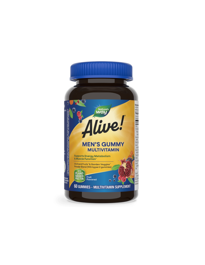 Alive Мултивитамини за мъже, 60 желирани таблетки Alive! Men’s Gummy Complete Multivitamin 60 желирани таблетки Alive Мултивитамини за мъже е специализирана формула създадена в подкрепа на мъжкото здраве. Поддържа имунната система, тонуса, физическата издръжливост и сила. Основни ползи на  Alive Мултивитамини за мъже: Допринася за поддържане на нормалното състояние на сърдечно-съдовата и имунната система. Притежава подкрепящо действие при функционирането на простатата. Намалява влиянието на стреса върху психиката. Подсилва костите и мускулите. Спомага за по-голяма физическа издръжливост. Редуцира времето за възстановяване след тежки физически натоварвания. Специално балансираната формула за мъже до 50 години Alive Мултивитамини за мъже съдържа 15 витамина и минерали, холин и инозитол и смес от плодове от овощни градини и градински зеленчуци. Подсладена е с тапиока и сироп от захарна тръстика. Не съдържа глутен, желатин, дрожди, пшеница, млечни продукти, яйца, ядки и е подходяща за вегетарианци. А желираните таблетки са с приятен вкус и лесни за сдъвкване. Alive Мултивитамини за мъже Съставки: В 1 табл.: Дн. доза: Витамин А (ретинил палмитат) 450  µg 450  µg Витамин С (аскорбинова киселина) 56 mg 56 mg Витамин D3 (холекалциферол) 10 µg 10 µg Витамин Е (d-алфа токоферил ацетат) 7.5 mg 7.5 mg Тиамин (витамин В1) / тиамин хидрохлорид 150 µg 150 µg Рибофлавин (витамин В2) 162.5 µg 162.5 µg Ниацин (ниацинамид) 2 mg 2 mg Витамин В6 (пиридоксин HCI) 2.15 mg 2.15 mg Фолат (като 120 µg фолиева киселина) 200 µg 200 µg Витамин В12 (цианокобаламин) 3 µg 3 µg Биотин 15 µg 15 µg Пантотенова киселина (калциев d-пантотенат) 2.5 mg 2.5 mg Йод (калиев йодид) 75 µg 75 µg Цинк (цитрат) 1.8 mg 1.8 mg Селен (натриев селенат) 43.15 µg 43.15 µg Натрий 7.5 mg 7.5 mg Orchard Fruits™/ Garden veggies Смес от овощни плодове и градински зеленчуци (пудра): Портокал, черна боровинка, нар, синя слива, ягода, круша, ябълка, малина, череша, ананас, тиква, грозде, Акай бери, банан, червена боровинка; морков, червено цвекло, карфиол, аспрежи, брокколи, брюкселско зеле, цветно зеле, краставица, грах, спанак, домат. цветно зеле, краставица, грах, спанак, домат. 50 mg 50 mg Ликопен 250 µg 250 µg Инозитол 20 µg 20 µg Калории 10 10 Въглехидрати 2.5 g 2.5 g Захари 2 g 2 g от които добавени захари 2 g 2 g Глюкозен сироп, захар, пречистена вода, пектин, натриев цитрат, лимонена киселина, натурални аромати, зеленчуков и плодов сок за цвят, кокосово масло, карнаубски восък. Alive Мултивитамини за мъже Не съдържа: Глутен, желатин, дрожди, пшеница, млечни продукти, яйца,ядки. Подходящо за вегетарианци.Отклонения в цвета на таблетката са възможни. Alive Мултивитамини за мъже Приложение: Допринася за нормалното функциониране на мъжкия организъм. Забележка: Да не се използва като заместител на разнообразното и пълноценно хранене. Да не се превишава препоръчителната дневна доза. Дозировка и приложение: По 1 желирана таблетка дневно. Съхранение: На хладно и сухо място, недостъпно за деца! Избягвайте излагането на опаковката на горещо и слънчево място. Годност: Маркирани на етикета на опаковката. Производител: Nature’s Way products, Inc , USA Natures Way е лидер в индустрията на хранителните добавки. Тя е основата през 1969 година. Мисията на Natures Way е да осигури хранителни добавки с натурални и високо качествени съставки. Фокусът на Natures Way е чистотата и ефективността на техните продукти. Те са първата компания преработваща билки. Притежава съоражение кла OTC(1983) Natures Way е първият билкова бранд който притежава сертификати Non-GMO и TRU-ID™. Това гаранитира за чистотата на състава и безпасния произход на използваните суровини. Alive Мултивитамини за мъже TRU-ID е първата и независима тестова програма. Тя изполва ДНК биотехнологии за удостоверяване на автентичността и качеството на използваните билкови продукти.  Non-GMO Project е независима тестова програма, която е ангажирана с най-добрите практики за тестване и предоставяне на продуктите без ГМО. Погрижете се за вашето здраве от рано и разгледайте разнообразната гама продукти на Natures Way  в нашия онлайн магазин aptekata.online
