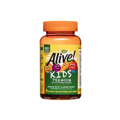 Natures Way Премиум мултивитамини за деца, 90 желирани таблетки Алайв! Alive! Kid’s Premium Multivitamin Gummy Хранителна добавка, 90 желирани таблетки Natures Way Премиум мултивитамини за деца Доставя необходими витамини и минерали за подхранване на детския организъм. Изключително богат състав- 26 плодове и зеленчуци! Alive! Премиум Желирани Мултивитамини за деца  съдържат пълен комплекс витамини В. С добавен витамин С в оптимално количество за силна имунна система. Подпомагат костите, зъбите и очите, и допринасят за повече енергия и жизненост. Оптимизират храносмилането. Natures Way Премиум мултивитамини за деца Със страхотен плодов вкус на натурален портокал и боровинка. Усвояват се напълно от организма.   не съдържат глутен приятен плодов аромат 26 вида плодове и зеленчуци хранителна добавка не съдържат желатин приготвени с пектин подсладени с тапиока и изсушен сироп от захарна тръстика Съставки: В 1 табл.: Дн. доза: Витамин А (ретинил палмитат) 150 µg 150 µg Витамин С (аскорбинова киселинана) 30 mg 30 mg Витамин D3 (холекалциферол) 6.5 µg 6.5 µg Витамин Е (d-алфа токоферил ацетат) 2.5 mg 2.5 mg Тиамин (Витамин В1) 0.2 mg 0.2 mg Рибофлавин (Витамин В2) 0.217 mg 0.217 mg Ниацин (ниацинамид) 2.65 mg 2.65 mg Витамин В6 (пиридоксин HCI) 0.55 mg 0.55 mg Фолат (oт 80 µg фолиева киселина) 133 µg 133 µg Витамин В12 (цианокобаламин) 0.8 µg 0.8 µg Биотин 10 µg 10 µg Пантотенова киселина (калциев d- пантотенат) 0.8 mg 0.8 mg Холин (битартарат) 7.3 mg 7.3 mg Йод (калиев йодид) 25 µg 25 µg Цинк (цинков цитрат) 1.8 mg 1.8 mg Натрий 5 mg 5 mg Инозитол 6.5 µg 6.5 µg Orchard Fruits™/ Garden veggies Смес от овощни плодове и градински зеленчуци (пудра), портокал, черна боровинка, нар, синя слива, ягода, круша, ябълка, малина, череша, ананас, тиква, грозде, Акай бери, банан, червена боровинка. Морков, червено цвекло, карфиол, аспрежи, брокколи, брюкселско зеле, цветно зеле, краставица, грах, спанак, домат. 66.5 mg 66.5 mg Въглехидрати 2 g 2 g Захари 1.5 g 1.5 g Калории 7.5 7.5 Съставки:В 1 табл.:Дн. доза:Витамин А (ретинил палмитат)150 µg                        150 µg                        Витамин С (аскорбинова киселинана) 30 mg30 mgВитамин D3 (холекалциферол)6.5 µg6.5 µgВитамин Е (d-алфа токоферил ацетат)2.5 mg 2.5 mg Тиамин (Витамин В1) 0.2 mg0.2 mgРибофлавин (Витамин В2)0.217 mg   0.217 mg Ниацин (ниацинамид)2.65 mg2.65 mgВитамин В6 (пиридоксин HCI) 0.55 mg                   0.55 mg                   Фолат (oт 80 µg фолиева киселина)133 µg133 µgВитамин В12 (цианокобаламин) 0.8 µg0.8 µgБиотин10 µg10 µgПантотенова киселина (калциев d- пантотенат)0.8 mg0.8 mgХолин (битартарат)7.3 mg                     7.3 mg                     Йод (калиев йодид)25 µg                        25 µg                        Цинк (цинков цитрат)1.8 mg 1.8 mg Натрий5 mg                     5 mg                     Инозитол 6.5 µg                     6.5 µg                     Orchard Fruits™/ Garden veggies Смес от овощни плодове и градински зеленчуци (пудра), портокал, черна боровинка, нар, синя слива, ягода, круша, ябълка, малина, череша, ананас, тиква, грозде, Акай бери, банан, червена боровинка. Морков, червено цвекло, карфиол, аспрежи, брокколи, брюкселско зеле, цветно зеле, краставица, грах, спанак, домат.66.5 mg      66.5 mg     Въглехидрати2 g2 gЗахари1.5 g1.5 gКалории7.5                            7.5 Сироп от тапиока Органик, захарна тръстика, пречистена вода,  пектин, лимонена киселина,натриев цитрат, натурални аромати, оцветели (от плодово-зеленчуков сок), кокосово масло, пчелен восък. Natures Way Премиум мултивитамини за деца Не съдържа: Глутен, желатин, млечни продукти, дрожди, пшеница, фъстъци, яйца. Подходящо за вегетарианци. Отклонения в цвета на таблетката са възможни. Приложение на Natures Way Премиум мултивитамини за деца: Осигурява всички необходими витамини и минерали за подхранване на организма. Забележка: Не се препоръчва при деца под 2 годишна възраст, поради риск от задавяне. Да не се използва като заместител на разнообразното и пълноценно хранене. Да не се превишава препоръчителната дневна доза. Препоръчителна дневна доза за прием от продукта: За деца над 2 годишна възраст: Да се сдъвква по 1 желирана таблетка дневно. Съхранение: На хладно и сухо място, далеч от пряка слънчева светлина, недостъпно за деца! Годност: Маркирани на етикета на опаковката. Производител: Nature’s Way products, Inc , USA Natures Way е лидер в индустрията на хранителните добавки. Тя е основата през 1969 година. Мисията на Natures Way е да осигури хранителни добавки с натурални и високо качествени съставки. Natures Way Премиум мултивитамини за деца Фокусът на Natures Way е чистотата и ефективността на техните продукти. Те са първата компания преработваща билки. Притежава съоражение кла OTC(1983) Natures Way е първият билкова бранд който притежава сертификати Non-GMO и TRU-ID™. Това гаранитира за чистотата на състава и безпасния произход на използваните суровини. Natures Way Премиум мултивитамини за деца TRU-ID е първата и независима тестова програма. Тя изполва ДНК биотехнологии за удостоверяване на автентичността и качеството на използваните билкови продукти.  Natures Way Премиум мултивитамини за деца Non-GMO Project е независима тестова програма, която е ангажирана с най-добрите практики за тестване и предоставяне на продуктите без ГМО. Natures Way Премиум мултивитамини за деца Погрижете се за вашето здраве от рано и разгледайте разнообразната гама продукти на Natures Way  в нашия онлайн магазин aptekata.online