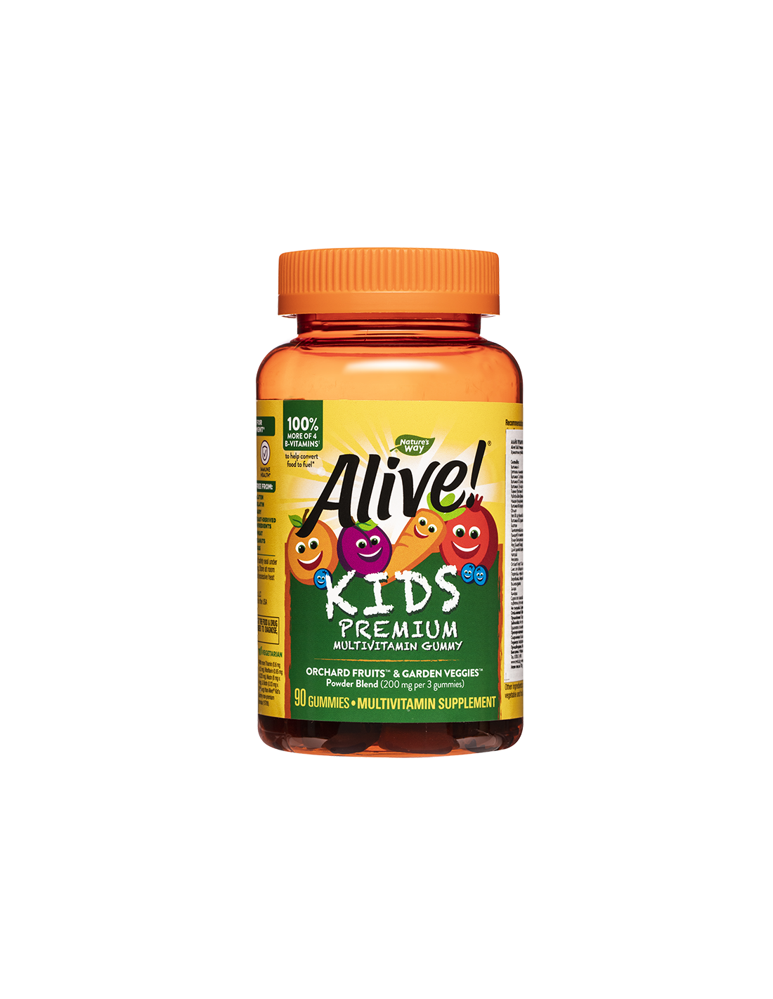 Natures Way Премиум мултивитамини за деца, 90 желирани таблетки Алайв! Alive! Kid’s Premium Multivitamin Gummy Хранителна добавка, 90 желирани таблетки Natures Way Премиум мултивитамини за деца Доставя необходими витамини и минерали за подхранване на детския организъм. Изключително богат състав- 26 плодове и зеленчуци! Alive! Премиум Желирани Мултивитамини за деца  съдържат пълен комплекс витамини В. С добавен витамин С в оптимално количество за силна имунна система. Подпомагат костите, зъбите и очите, и допринасят за повече енергия и жизненост. Оптимизират храносмилането. Natures Way Премиум мултивитамини за деца Със страхотен плодов вкус на натурален портокал и боровинка. Усвояват се напълно от организма.   не съдържат глутен приятен плодов аромат 26 вида плодове и зеленчуци хранителна добавка не съдържат желатин приготвени с пектин подсладени с тапиока и изсушен сироп от захарна тръстика Съставки: В 1 табл.: Дн. доза: Витамин А (ретинил палмитат) 150 µg 150 µg Витамин С (аскорбинова киселинана) 30 mg 30 mg Витамин D3 (холекалциферол) 6.5 µg 6.5 µg Витамин Е (d-алфа токоферил ацетат) 2.5 mg 2.5 mg Тиамин (Витамин В1) 0.2 mg 0.2 mg Рибофлавин (Витамин В2) 0.217 mg 0.217 mg Ниацин (ниацинамид) 2.65 mg 2.65 mg Витамин В6 (пиридоксин HCI) 0.55 mg 0.55 mg Фолат (oт 80 µg фолиева киселина) 133 µg 133 µg Витамин В12 (цианокобаламин) 0.8 µg 0.8 µg Биотин 10 µg 10 µg Пантотенова киселина (калциев d- пантотенат) 0.8 mg 0.8 mg Холин (битартарат) 7.3 mg 7.3 mg Йод (калиев йодид) 25 µg 25 µg Цинк (цинков цитрат) 1.8 mg 1.8 mg Натрий 5 mg 5 mg Инозитол 6.5 µg 6.5 µg Orchard Fruits™/ Garden veggies Смес от овощни плодове и градински зеленчуци (пудра), портокал, черна боровинка, нар, синя слива, ягода, круша, ябълка, малина, череша, ананас, тиква, грозде, Акай бери, банан, червена боровинка. Морков, червено цвекло, карфиол, аспрежи, брокколи, брюкселско зеле, цветно зеле, краставица, грах, спанак, домат. 66.5 mg 66.5 mg Въглехидрати 2 g 2 g Захари 1.5 g 1.5 g Калории 7.5 7.5 Съставки:В 1 табл.:Дн. доза:Витамин А (ретинил палмитат)150 µg                        150 µg                        Витамин С (аскорбинова киселинана) 30 mg30 mgВитамин D3 (холекалциферол)6.5 µg6.5 µgВитамин Е (d-алфа токоферил ацетат)2.5 mg 2.5 mg Тиамин (Витамин В1) 0.2 mg0.2 mgРибофлавин (Витамин В2)0.217 mg   0.217 mg Ниацин (ниацинамид)2.65 mg2.65 mgВитамин В6 (пиридоксин HCI) 0.55 mg                   0.55 mg                   Фолат (oт 80 µg фолиева киселина)133 µg133 µgВитамин В12 (цианокобаламин) 0.8 µg0.8 µgБиотин10 µg10 µgПантотенова киселина (калциев d- пантотенат)0.8 mg0.8 mgХолин (битартарат)7.3 mg                     7.3 mg                     Йод (калиев йодид)25 µg                        25 µg                        Цинк (цинков цитрат)1.8 mg 1.8 mg Натрий5 mg                     5 mg                     Инозитол 6.5 µg                     6.5 µg                     Orchard Fruits™/ Garden veggies Смес от овощни плодове и градински зеленчуци (пудра), портокал, черна боровинка, нар, синя слива, ягода, круша, ябълка, малина, череша, ананас, тиква, грозде, Акай бери, банан, червена боровинка. Морков, червено цвекло, карфиол, аспрежи, брокколи, брюкселско зеле, цветно зеле, краставица, грах, спанак, домат.66.5 mg      66.5 mg     Въглехидрати2 g2 gЗахари1.5 g1.5 gКалории7.5                            7.5 Сироп от тапиока Органик, захарна тръстика, пречистена вода,  пектин, лимонена киселина,натриев цитрат, натурални аромати, оцветели (от плодово-зеленчуков сок), кокосово масло, пчелен восък. Natures Way Премиум мултивитамини за деца Не съдържа: Глутен, желатин, млечни продукти, дрожди, пшеница, фъстъци, яйца. Подходящо за вегетарианци. Отклонения в цвета на таблетката са възможни. Приложение на Natures Way Премиум мултивитамини за деца: Осигурява всички необходими витамини и минерали за подхранване на организма. Забележка: Не се препоръчва при деца под 2 годишна възраст, поради риск от задавяне. Да не се използва като заместител на разнообразното и пълноценно хранене. Да не се превишава препоръчителната дневна доза. Препоръчителна дневна доза за прием от продукта: За деца над 2 годишна възраст: Да се сдъвква по 1 желирана таблетка дневно. Съхранение: На хладно и сухо място, далеч от пряка слънчева светлина, недостъпно за деца! Годност: Маркирани на етикета на опаковката. Производител: Nature’s Way products, Inc , USA Natures Way е лидер в индустрията на хранителните добавки. Тя е основата през 1969 година. Мисията на Natures Way е да осигури хранителни добавки с натурални и високо качествени съставки. Natures Way Премиум мултивитамини за деца Фокусът на Natures Way е чистотата и ефективността на техните продукти. Те са първата компания преработваща билки. Притежава съоражение кла OTC(1983) Natures Way е първият билкова бранд който притежава сертификати Non-GMO и TRU-ID™. Това гаранитира за чистотата на състава и безпасния произход на използваните суровини. Natures Way Премиум мултивитамини за деца TRU-ID е първата и независима тестова програма. Тя изполва ДНК биотехнологии за удостоверяване на автентичността и качеството на използваните билкови продукти.  Natures Way Премиум мултивитамини за деца Non-GMO Project е независима тестова програма, която е ангажирана с най-добрите практики за тестване и предоставяне на продуктите без ГМО. Natures Way Премиум мултивитамини за деца Погрижете се за вашето здраве от рано и разгледайте разнообразната гама продукти на Natures Way  в нашия онлайн магазин aptekata.online