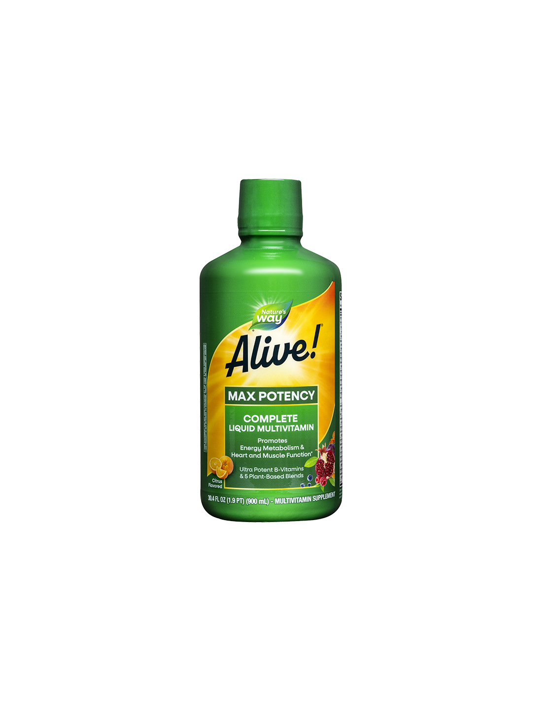 Alive! Течен мултивитамин Маx Potency, 900 мл Alive! Течен мултивитамин Маx Potency Смес с двойно действие: разтворими зеленчукови фибри за здраве на храносмилателната система и редовна дефекация пребиотични фибри от късоверижни фруктоолигозахариди за здраве на чревната микрофлора 10 калории в една супена лъжица не съдържа захар, подсладено със стевия здраве на храносмилателната система 5 грама фибри без ГМО в една лъжица смес от градински плодове не съдържа глутен, не съдържа захари Съставки на Alive! Течен мултивитамин Маx Potency: в 5 ml/1 ч.л. Дн. доза: Витамин А като 50% (1500 µg) ретинил палмитат и 50% (1500 µg) Бета-каротен 500 µg 500 µg Витамин С (калциев L-аскорбат) 83.3 mg 83.3 mg Витамин D3 (ергокалциферол) 1.66 µg 1.66 µg Витамин Е (d-алфа-токоферил ацетат) 22.17 mg 22.17 mg Витамин К (фитоменадион) 13.33 µg 13.33 µg Тиамин (витамин В1) 4.17 mg 4.17 mg Рибофлавин (Витамин В2) 4.17 mg 4.17 mg Ниацин (като никотинова киселина/никотинамид) 3.33 mg 3.33 mg Витамин В6 (като пиридоксин HСL) 6.66 mg 6.66 mg Фолат 111 µg 111 µg Витамин В12 (като цианокобаламин) 33.33 µg 33.33 µg Биотин 50 µg 50 µg Пантотенoва киселина (като d-калциев пантотенат) 20.83 mg 20.83 mg Холин (холин битартарат) 5 mg 5 mg Калций (калциев L-аскорбат, d-калциев пантотенат) 19.77 mg 19.77 mg Йод (калиев йодид) 25 µg 25 µg Магнезий (магнезиев глюконат) 6.66 mg 6.66 mg Цинк (цинков глюконат) 2.5 mg 2.5 mg Селен (L-селенометионин) 11.67 µg 11.67 µg Мед (Натриев-Меден хлорофилин) 0.33 µg 0.33 µg Манган (манганов сулфат) 0.66 mg 0.66 mg Молибден 12.5 µg 12.5 µg Натрий 0.83 mg 0.83 mg Калий 8.33 mg 8.33 mg Daily Greens™: Смес от Зелени храни: в която се съдържат: Спирулина (микроводорасли), Люцерна (лист, стебло), Зелен ечемик (стебло), Глухарче (лист), Зелена пшеница (стебло), Маточина (лист), Лимонова трева, Коприва (лист), Магарешки трън (стебло, лист, цвят), Хлорела (едноклетъчни  микроводорасли), Живовляк (лист), Синьо-зелени водорасли (микроводорасли), Кориандър (лист) 83.33 mg 83.33 mg Orchard Fruits™ and Garden Veggies™ Смес от: портокал, боровинка, морков, нар, синя слива, ягода, нар, ябълка, червено цвекло, малина, череша, ананас, тиква, карфиол, грозде, акай бери, аспержи, банан, броколи, брюкселко зеле, зеле, червена боровинка, краставица, грах, спанак, домат.  33.33 mg  33.33 mg Omega 3/6/9 Fatty Acid Омега 3/6/9  мастни киселини от Ленено семе (пудра), слънчогледово семе  (пудра) 16.66 mg 16.66 mg Organic Mushroom Mycelium Смес от подбрани гъби Органик: Рейши /Ganoderma lucidum/, Шийтаке /Lentinula edodes/ , Ойстер хиратаке    /Pleutotus ostreatus/, Енокитаке /Flammulina velutipes/, Майтаке /Grifola frondosa/, Ямабушитаке /Hericum erinaceus/, Агарикон /Fomitopsis officinalis/, Чага /Inonotus obliquus/, Химематсутаке /Agaricus brasiliensis/blazei/, Каваратеке /Trametes versicolor/, Mesima /Phellinus lineteus/, Зу Линг /Grifola umbellate/ 16.66  mg 16.66  mg Цитрусов биофлавоноиден комплекс: от лимон, портокал, зелен лимон, мандарина и грейпфрут), предоставяйки Хесперидин, Нарингин, Нарирутин, Ериоцитрин и Флавони 10 mg 10 mg Сибирски женшен (корен) 8.33 mg  8.33 mg Инозитол  8.33 mg 8.33 mg Бетаин хидрохлорид 4.17 mg 4.17 mg ПАБА (като аминобензоена киселина) 4.17 mg 4.17 mg Рутин 4.17 mg 4.17 mg Бор(като амино-киселинен хелат) 166.66 µg 166.66 µg Лутеин (от Невен) 33.33 µg  33.33 µg Калории 8.33 8.33 Въглехидрати 2.5 mg 2.5 mg Захари 1.16 g 1.16 g   От които добавени захари 3.5 g 3.5 g   Захари от алкохол 1 g 1 g Пречистена вода,  фруктоза,  сорбитол, ябълчна киселина, ябълков сок- концентрат, натурални аромати, калиев сорбат ( като консервант, запазващ свежестта), ксантова гума, силиций. Alive! Течен мултивитамин Маx Potency Не съдържа: Оцветители, изкуствени аромати, дрожди , пшеница, мляко, лактоза или други млечни продукти. Приложение на Alive! Течен мултивитамин Маx Potency: Осигурява всички необходими витамини и минерали за нормалното функциониране на организма. Забележка Alive! Течен мултивитамин Маx Potency: Да не се използва от бременни или кърмещи жени. Да не се приема едновременно със сулфонамиди. Да не се използва като заместител на разнообразното и пълноценно хранене. Да не се превишава препоръчителната дневна доза. Дозировка и приложение: Разклатете добре преди употреба! Приемайте 15 ml дневно (1 с.л), за предпочитане по време на хранене или непосредствено след това . Може да бъде прието самостоятелно или в комбинация с вода или плодов сок. Съхранение: Съхранявайте бутилката плътно затворена, на сухо на място недостъпно за деца!След отваряне съхранявайте в хладилник! Alive! Течен мултивитамин Маx Potency Годност: Маркирани на дъното на опаковката. Производител: Nature’s Way products, Inc , USA Natures Way е лидер в индустрията на хранителните добавки. Тя е основата през 1969 година. Мисията на Natures Way е да осигури хранителни добавки с натурални и високо качествени съставки. Alive! Течен мултивитамин Маx Potency Фокусът на Natures Way е чистотата и ефективността на техните продукти. Те са първата компания преработваща билки. Притежава съоражение кла OTC(1983) Natures Way е първият билкова бранд който притежава сертификати Non-GMO и TRU-ID™. Това гаранитира за чистотата на състава и безпасния произход на използваните суровини. Alive! Течен мултивитамин Маx Potency TRU-ID е първата и независима тестова програма. Тя изполва ДНК биотехнологии за удостоверяване на автентичността и качеството на използваните билкови продукти.  Non-GMO Project е независима тестова програма, която е ангажирана с най-добрите практики за тестване и предоставяне на продуктите без ГМО. Погрижете се за вашето здраве от рано и разгледайте разнообразната гама продукти на Natures Way  в нашия онлайн магазин aptekata.online