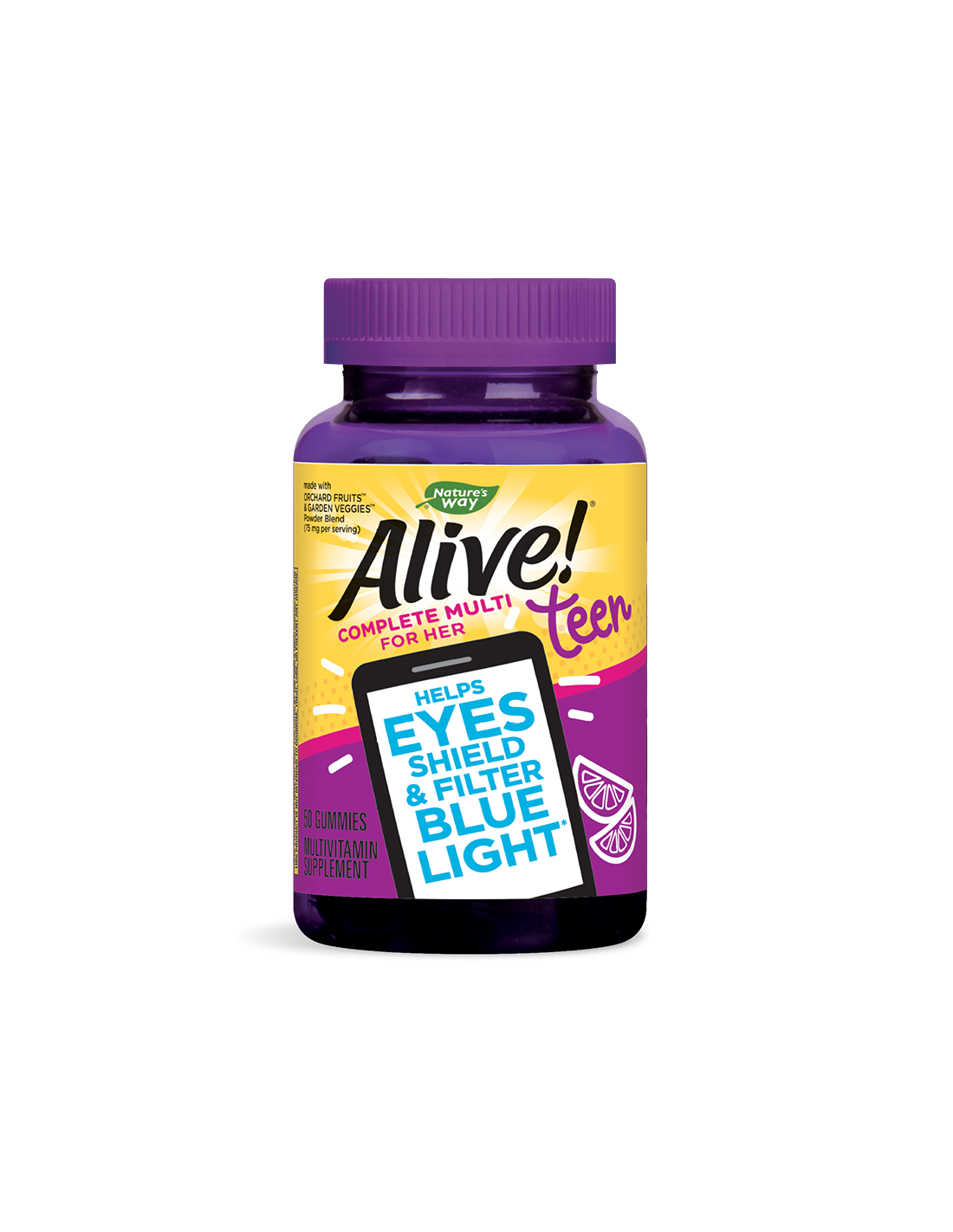 Alive! Мултивитамини за момичета x 50 желирани таблетки Alive! Teen / Алайв! Желирани мултивитамини за момичета са висококачествен продукт на американската компания NATURE’S WAY. Желираните мултивитамини имат приятен цитрусов вкус и са подходящи за момичетата над 13-годишна възраст. Формулата включва комбинация от витамини, минерали и комбинация екстракти, извлечена от плодове и зеленчуци - Orchard Fruits™ / Garden Veggies™. Продуктът съдържа и патентован екстракт от невен Lutemax™ 2020 - хранителната добавка е ценен източник на лутеин и зеаксантин и предпазва очите от вредното въздействие на електронните устройства. Желираните мултивитамини на NATURE’S WAY предлагат широкоспектърни ползи за здравето на момичетата в тийнейджърска възраст. Alive! Мултивитамини за момичета Здравословни ползи от приема на Alive! Мултивитамини за момичета Мултивитамини за момичета: Поддържа защитните сили на имунната система и подобрява устойчивостта на организма срещу простудни заболявания; Поддържа здравето на костите, зъбите и мускулите; Подобрява общото благосъстояние на подрастващия организъм в тийнейджърска възраст; Поддържа енергията и тонуса; Подпомага нормалната функция на мозъка и нервната система; Подобрява фокуса и паметта; Действа антиоксидантно и защитава организма от вредното въздействие на свободните радикали; Защитава очите от синята светлина, излъчвана от електронните устройства. Действие на основните съставки Alive! Мултивитамини за момичета: Витамин В Комплекс (Витамин В1, В2, В3, В5, В6 и В12) – подпомагат процеса на превръщане на храната в клетъчна енергия. Витамини A, C, D и цинк – подпомагат имунния отговор на организма и подобряват защитната сила срещу вирусни заболявания. Лутеин и зеаксантин – защитават зрението при честа употреба на електронни устройства. Витамини А, С и Е – предпазват организма от вредното въздействие на свободните радикали. Lutemax2020® - хранителна добавка, която помага на очите да се предпазват и да филтрират синята светлина от слънцето, светодиодите и цифровите устройства като смартфони, лаптопи и таблети. Желираните мултивитамини за момичета са част от серията продукти Alive! на Nature’s Way, която включва мултивитамини за възрастни и деца. Продуктите са предназначени за подсилване на имунната система и увеличаване на енергийния баланс на организма. Alive! Мултивитамини за момичета Серията мултивитамини Alive! е изградена около една проста идея: независимо от изискванията и задълженията, които трябва да покривате всеки ден, вие заслужавате да изживеете живота си, изпълнени с радост. Alive! Мултивитамини за момичета Мултивитамините на NATURE’S WAY са създадени, за да ви дадат енергия да правите всичко, което е важно за вас. Всяка формула включва пълния B-витаминен комплекс, който ви помага да поддържате клетъчната енергия на организма си. Продуктите Alive! са обогатени и с екстракти от лечебни гъби, зеленолистни зеленчуци, водорасли, омега-3, -6 и -9 мастни киселини и други ценни хранителни вещества за поддържане на добро здраве във всяка възраст. Alive! Мултивитамини за момичета Съставки на Alive! Мултивитамини за момичета: В 1/2 табл.: Дн. доза: Витамин А (ретинил палмитат) 112.5 µg 112.5 µg Витамин С (аскорбинова к-на) 4.5 mg 4.5 mg Витамин D3 (холекалциферол) 7.5 µg 7.5 µg Витамин Е (dl-токоферил ацетат) 3.75 mg 3.75 mg Витамин К (фитонадион) 6 µg 6 µg Витамин В1 (тиамин хидрохлорид) 0.075 mg 0.075 mg Витамин В2 (рибофлавин) 0.08 mg 0.08 mg Ниацин (ниацинамид) 1 mg 1 mg Фолат (като Фолиева киселина 120 µg) 100 µg 100 µg Витамин В12 (цианокобаламин) 0.6 µg 0.6 µg Биотин 7.5 µg 7.5 µg Пантотенова к-на  (d-калциев пантотенат) 1.25 mg 1.25 mg Калций (трикалциев фосфат) 32.5 mg 32.5 mg Фосфор (трикалциев фосфат) 16.25 mg 16.25 mg Йод (калиев йодид) 3.75 µg 3.75 µg Цинк (цитрат) 0.55 mg 0.55 mg Натрий 3.75 mg 3.75 mg Orchard Fruits™/Garden Veggies™ Orchard Fruits™/Garden Veggies™ Смес екстракти от градински зеленчуци и плодове: портокал, синя боровинка, синя слива, нар, ягода, круша, ябълка, червено цвекло, малина, ананас, тиква, череша, грозде, банан, акай, червена боровинка, морков, карфиол, зеле, домат, аспержи, брюкселско зеле, краставица, грах, броколи, спанак. 18.75 mg 18.75 mg Лутеин (Lutamax 2020) 2.5 mg 2.5 mg Зеаксантин Изомери (Lutamax 2020) 0.5 mg 0.5 mg Инозитол 10 µg 10 µg Калории 6.25 6.25 Въглехидрати 1.5 g 1.5 g Захари 1 g 1 g Добавени захари 2 g 2 g Глюкозен сироп, сукроза, пречистена вода, пектин, лимонена киселина, натриев цитрат, натурални аромати, кокосово масло, карнаубски восък. Не съдържа: Млечни продукти, яйца, желатин, глутен, ядки, пшеница, дрожди. Приложение на Alive! Мултивитамини за момичета: Допринася за нормалното функциониране на организма, както и за нормалното състояние на зрението при ежедневна работа с дигитални устройства. Забележка: Да не се използва като заместител на разнообразното и пълноценно хранене. Да не се превишава препоръчителната дневна доза. Alive! Мултивитамини за момичета Дозировка и приложение: За момичета над 13 годишна възраст. По ½  желирана таблетка дневно. Съхранение: На хладно и сухо място, недостъпно за деца! Избягвайте излагането на пряка слънчева светлина. Годност и партида: Маркирани на  опаковката. Alive! Мултивитамини за момичета Производител: Nature’s Way products,Inc,USA Natures Way е лидер в индустрията на хранителните добавки. Тя е основата през 1969 година. Мисията на Natures Way е да осигури хранителни добавки с натурални и високо качествени съставки. Alive! Мултивитамини за момичета Фокусът на Natures Way е чистотата и ефективността на техните продукти. Те са първата компания преработваща билки. Притежава съоражение кла OTC(1983) Natures Way е първият билкова бранд който притежава сертификати Non-GMO и TRU-ID™. Това гаранитира за чистотата на състава и безпасния произход на използваните суровини. Alive! Мултивитамини за момичета TRU-ID е първата и независима тестова програма. Тя изполва ДНК биотехнологии за удостоверяване на автентичността и качеството на използваните билкови продукти.  Non-GMO Project е независима тестова програма, която е ангажирана с най-добрите практики за тестване и предоставяне на продуктите без ГМО. Погрижете се за вашето здраве от рано и разгледайте разнообразната гама продукти на Natures Way  в нашия онлайн магазин aptekata.online