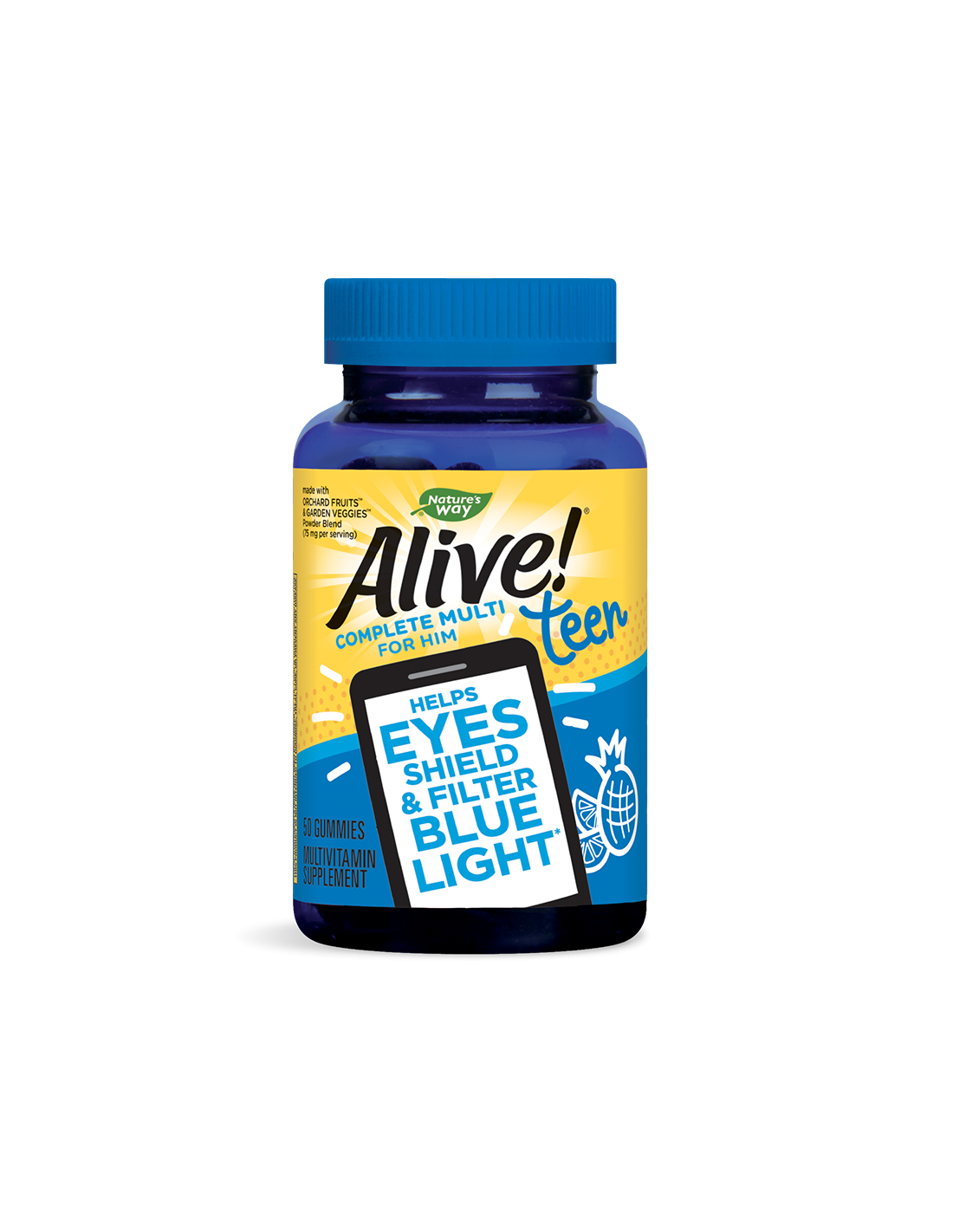 Alive! Мултивитамини за момчета x 50 желирани таблетки Alive! Мултивитамини за момчета x 50 желирани таблетки Alive! Teen Complete Multi For Him / Алайв Тийн Мултивитамини Гъми за Момчета са висококачествен продукт на американската компания NATURE’S WAY. Желираните мултивитамини имат приятен цитрусов вкус и са подходящи за момчетата над 13-годишна възраст. Формулата включва комбинация от витамини, минерали и комбинация екстракти, извлечена от плодове и зеленчуци - Orchard Fruits™ / Garden Veggies™. Продуктът съдържа и патентован екстракт от невен Lutemax™ 2020 - хранителната добавка е ценен източник на лутеин и зеаксантин и предпазва очите от вредното въздействие на електронните устройства. Желираните мултивитамини на NATURE’S WAY предлагат широкоспектърни ползи за здравето на момчетата в тийнейджърска възраст. Здравословни ползи от приема на Alive! Teen Complete Multi For Him / Алайв Тийн Мултивитамини Гъми за Момчета Alive! Мултивитамини за момчета: Поддържа защитните сили на имунната система и подобрява устойчивостта на организма срещу простудни заболявания; Поддържа здравето на костите, зъбите и мускулите; Подобрява общото благосъстояние на подрастващия организъм в тийнейджърска възраст; Поддържа енергията и тонуса; Подпомага нормалната функция на мозъка и нервната система; Подобрява фокуса и паметта; Действа антиоксидантно и защитава организма от вредното въздействие на свободните радикали; Защитава очите от синята светлина, излъчвана от електронните устройства. Действие на основните съставки на Alive! Мултивитамини за момчета: Витамин В Комплекс (Витамин В1, В2, В3, В5, В6 и В12) – подпомагат процеса на превръщане на храната в клетъчна енергия. Витамини A, C, D и цинк – подпомагат имунния отговор на организма и подобряват защитната сила срещу вирусни заболявания. Лутеин и зеаксантин – защитават зрението при честа употреба на електронни устройства. Витамини А, С и Е – предпазват организма от вредното въздействие на свободните радикали. Lutemax2020® - хранителна добавка, която помага на очите да се предпазват и да филтрират синята светлина от слънцето, светодиодите и цифровите устройства като смартфони, лаптопи и таблети. Желираните мултивитамини за момчета са част от серията продукти Alive! на Nature’s Way, която включва мултивитамини за възрастни и деца. Продуктите са предназначени за подсилване на имунната система и увеличаване на енергийния баланс на организма. Alive! Мултивитамини за момчета Серията мултивитамини Alive! е изградена около една проста идея: независимо от изискванията и задълженията, които трябва да покривате всеки ден, вие заслужавате да изживеете живота си, изпълнени с радост. Alive! Мултивитамини за момчета Мултивитамините на NATURE’S WAY са създадени, за да ви дадат енергия да правите всичко, което е важно за вас. Всяка формула включва пълния B-витаминен комплекс, който ви помага да поддържате клетъчната енергия на организма си. Alive! Мултивитамини за момчета Продуктите Alive! са обогатени и с екстракти от лечебни гъби, зеленолистни зеленчуци, водорасли, омега-3, -6 и -9 мастни киселини и други ценни хранителни вещества за поддържане на добро здраве във всяка възраст. Съставки на Alive! Мултивитамини за момчета: В 1/2 табл.: Дн. доза: Витамин А (ретинил палмитат) 112.5 µg 112.5 µg Витамин С (аскорбинова к-на) 4.5 mg 4.5 mg Витамин D3 (холекалциферол) 7.5 µg 7.5 µg Витамин Е (dl-токоферил ацетат) 3.75 mg 3.75 mg Витамин К (фитонадион) 6 µg 6 µg Витамин В1 (тиамин хидрохлорид) 0.075 mg 0.075 mg Витамин В2 (рибофлавин) 0.08 mg 0.08 mg Ниацин (ниацинамид) 1 mg 1 mg Фолат като Фолиева киселина 120 µg 100 µg 100 µg Витамин В12 (цианокобаламин) 0.6 µg 0.6 µg Биотин 3.75 µg 3.75 µg Пантотенова к-на (d-калциев пантотенат) 1.25 mg 1.25 mg Калций (трикалциев фосфат) 32.5 mg 32.5 mg Фосфор (трикалциев фосфат) 16.25 mg 16.25 mg Йод (калиев йодид) 3.75 µg 3.75 µg Цинк (цитрат) 1.1 mg 1.1 mg Натрий 3.75 mg 3.75 mg Orchard Fruits™/Garden Veggies™ Смес екстракти от градински зеленчуци и плодове: портокал, синя боровинка, синя слива, нар, ягода, круша, ябълка, червено цвекло, малина, ананас, тиква, череша, грозде, банан, акай, червена боровинка, морков, карфиол, зеле, домат, аспержи, брюкселско зеле, краставица, грах, броколи, спанак. 18.75 mg 18.75 mg Лутеин (Lutemax 2020) 2.5 mg 2.5 mg Зеаксантин Изомери (Lutemax 2020) 0.5 mg 0.5 mg Инозитол 10 µg 10 µg Калории 6.25 6.25 Въглехидрати 1.5 g 1.5 g Захари 1 g 1 g Добавени захари 2 g 2 g Глюкозен сироп, сукроза, пречистена вода, пектин, лимонена киселина, натриев цитрат, натурални аромати, кокосово масло, карнаубски восък. Не съдържа: Млечни продукти, яйца, желатин, глутен, ядки, пшеница, дрожди. Приложение на Alive! Мултивитамини за момчета: Допринася за нормалното функциониране на организма, както и за нормалното състояние на зрението при ежедневна работа с дигитални устройства. Забележка: Да не се използва като заместител на разнообразното и пълноценно хранене. Да не се превишава препоръчителната дневна доза. Alive! Мултивитамини за момчета Дозировка и приложение: За момчета над 13-годишна възраст. По 1 желирана таблетка дневно. Alive! Мултивитамини за момчета Съхранение: На хладно и сухо място, недостъпно за деца! Избягвайте излагането на пряка слънчева светлина. Alive! Мултивитамини за момчета Годност и партида: Маркирани на опаковката. Производител: Nature’s Way products,Inc,USA Natures Way е лидер в индустрията на хранителните добавки. Тя е основата през 1969 година. Мисията на Natures Way е да осигури хранителни добавки с натурални и високо качествени съставки. Фокусът на Natures Way е чистотата и ефективността на техните продукти. Те са първата компания преработваща билки. Притежава съоражение кла OTC(1983) Natures Way е първият билкова бранд който притежава сертификати Non-GMO и TRU-ID™. Това гаранитира за чистотата на състава и безпасния произход на използваните суровини. Alive! Мултивитамини за момчета TRU-ID е първата и независима тестова програма. Тя изполва ДНК биотехнологии за удостоверяване на автентичността и качеството на използваните билкови продукти. Non-GMO Project е независима тестова програма, която е ангажирана с най-добрите практики за тестване и предоставяне на продуктите без ГМО. Погрижете се за вашето здраве от рано и разгледайте разнообразната гама продукти на Natures Way в нашия онлайн магазин aptekata.online