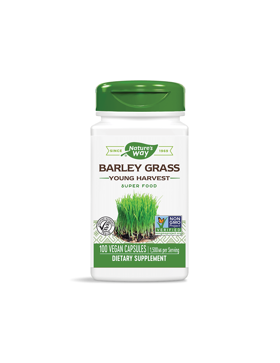 barley-grass-500-mg-of.png Natures Way Barley Grass - Ечемичена трева – зелена суперхрана за алкализиране и укрепване на организма, 500 mg, 100 капсули - Image 1