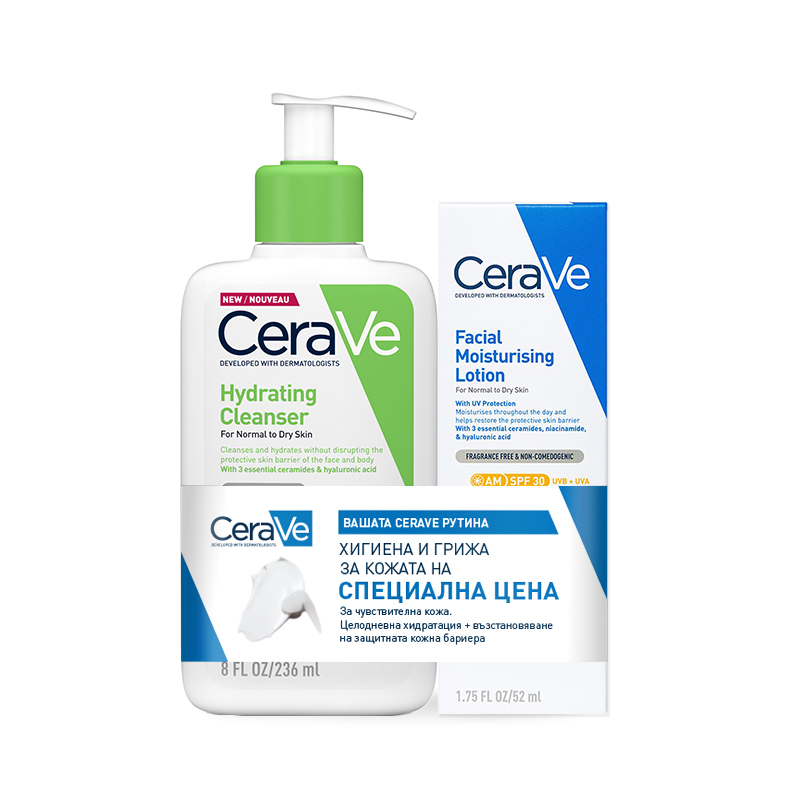 Промо пакет CeraVe AM Хидратиращ крем за лице за нормална и суха кожа SPF30, 52 мл + CeraVe Хидратиращ измиващ крем за лице и тяло за нормална към суха кожа, 236 мл 5905076203636