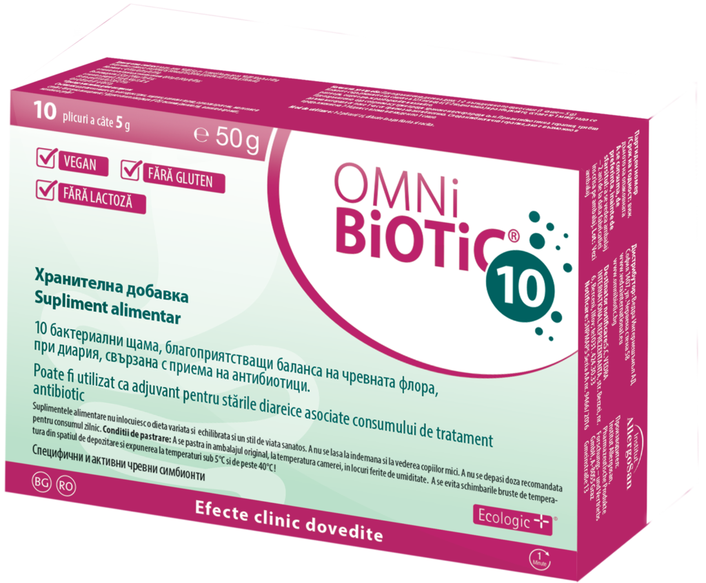 Омни Биотик 10  - Сашета - 5Г 10БР Омни Биотик 10 представлява хранителна добавка, съдържаща 10 пробиотични щама, които потискат растежа на патогенни микроорганизми, намаляват нивото на pH в червата и подобряват чревния микробен баланс. Омни Биотик 10 минимализира страничните ефекти на антибиотичната терапия. Заедно с това възстановява увреденета чревна флора. Пробиотиците имат силно положително действие върху чревната микрофлора. Те имат благоприятен ефект върху възпалителни състояния на червата, синдром на раздразненото черво, хронични възпаления като мигрена. СЪСТАВ Пробиотичните бактерии, съдържащи се Омни Биотик 10 имат способността да подобряват бариерната функция на чревния епител, защитавайки стомашно-чревния тракт от възпаления. Ефектите на всеки от 10-те селектирани щама са специфични. Bifidobacterium bifidum W23 - Bifidobacterium lactis W18 - Bifidobacterium longum, W51 - Enterococcus faecium W54 - Lactobacillus acidophilus W37 - Lactobacillus acidophilus W55 - Lactobacillus paracasei W72 - Lactobacillus Plantarum W62 - Lactobacillus rhamnosus W71 - Lactobacillus salivarius W24 Помощни вещества: царевично нишесте, малтодекстрин, инулин, калиев хлорид, магнезиев сулфат, фруктоолигозахариди, ензими, ванилия естествен аромат, манганов сулфат. КАК ДЕЙСТВА Омни Биотик 10? Омни Биотик 10 се препоръчва при: Превенция при приема на антибиотик Антибиотик асоциирана диария Постинфекциозен синдром на раздраненото черво Дивертикулид Пародонтит ДОЗИРОВКА По време на антибиотично лечение разтворете прахчето 1/8 лура вода или половин чаша вода. След като разтворите сашете изчакайте една минута за активиране, разбъркайте отново и изпийте. По време на антибиотичната терапия Приемайте Омни Биотик 10 2 пъти х 1 прахче дневно. Оставете интервал от 3 часа между приема на Омни Биотик 10 и антибиотика. Приемайте Омни Биотик 10 от първия ден на антибиотичното лечение и продължете приема за още 1-2 седмици след приключване на антибиотичната терапия за възстановяването на чревната флора. Изсипете съдържанието на сашето в 1/8 литра вода и разбъркайте, изчакайте 15 минути за активиране, разбъркайте отново и изпийте. Потърсете доктор при наличие на алармиращи сигнали,  като: Урината е странно тъмна Висока температура Замаяност, световъртеж, нарастваща слабост Продължаващи повече от две седмици разстройства Разгледай цялата гама на Омни Биотик С повече от 20 години опит Австрииската компния Institut Allergosan е основана от доктор Анита Фраувалнер. Фокусът на компанията е здравето и правилното функциониране на чревната флора. Сътрудничеството им с доказали се учени и специалисти в областта на медицината. фармацията и биохимията  и богатия опит, утвърждава компанията като лидер на пазара на пробиотици в Австрия. Най-успешния продукт на компаnията е серията Омни Биотик. Предлаган в повече от 7 европейски страни Омни Биотик доказа своята ефективност Каква е основната функция на антибиотиците? Основната функция на антибиотиците е да унищожават болестотворните микроорганизми. Но за съжаление, те също унищожават част от защитната чревна лигавица и увреждат естествените чревни бактерии в нашето тяло. Това позволява на опасните микроорганизми и техните токсини бързо да се размножават, което може да доведе до тежка диария, известна като антибиотик асоциирана диария (ААД) Какво е антибиотик асоциирана диария (ААД)? Антибиотик асоциирана диария обхваща всички стомашно-чревни проблеми, причинени от приема на антибиотици. Според проучванията, в зависимост от препарата, между 25 и 50% от пациентите развиват диария. При децата този процент може да е дори по-висок. Какво трябва да се прави при антибиотик асоциирана диария? Особено важно е бързо да възстановим равновесието на чревната флора. Най-добре е да приемате синбиотик, който гарантира, че специално подбраните важни бактериални щамове ще достигнат червата ви, ще се размножат там и ще изместят болестотворните микроорганизми. В това отношение Омни Биотик 10 е много полезен. Най-добре е да следвате правилото: "Никакъв антибиотик без синбиотика Омни Биотик 10." Защо се появява антибиотик асоциирана диария? Антибиотиците са предназначени да унищожават болестотворните микроорганизми. Те също така унищожават част от защитната чревна лигавица и вредят на здравите чревни бактерии. Това създава възможност за агресивните микроорганизми да се размножат бързо. Разстройството, причинено от това, може да бъде животозастрашаващо при деца, възрастни или хора със слаба имунна система. Какви са симптомите на антибиотик асоциираната диария? ААД се характеризира с коликообразни болки и стомашни спазми, или повече от три дефекации на ден, при които фекалиите са меки до течни и значително увеличени по количество. Тези симптоми могат да се появят веднага или седмици след началото на приема на антибиотиците. Университетската болница в Маастрихт, под ръководството на проф. Райнхолд Щокбрюгер, е изследвала кои бактериални щамове в човешкия организъм са най-подходящи за предотвратяване на растежа на причиняващите диария бактерии. Тези щамове се използват в Омни Биотик 10, чиято качество е постоянно контролирано, за да се гарантира, че културите могат да преодолеят дългите стомашно-чревни пасажи и да достигнат мястото си на действие в червата. Спазени са всички критерии за качество на Световната здравна организация (СЗО).