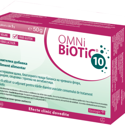 Омни Биотик 10  - Сашета - 5Г 10БР Омни Биотик 10 представлява хранителна добавка, съдържаща 10 пробиотични щама, които потискат растежа на патогенни микроорганизми, намаляват нивото на pH в червата и подобряват чревния микробен баланс. Омни Биотик 10 минимализира страничните ефекти на антибиотичната терапия. Заедно с това възстановява увреденета чревна флора. Пробиотиците имат силно положително действие върху чревната микрофлора. Те имат благоприятен ефект върху възпалителни състояния на червата, синдром на раздразненото черво, хронични възпаления като мигрена. СЪСТАВ Пробиотичните бактерии, съдържащи се Омни Биотик 10 имат способността да подобряват бариерната функция на чревния епител, защитавайки стомашно-чревния тракт от възпаления. Ефектите на всеки от 10-те селектирани щама са специфични. Bifidobacterium bifidum W23 - Bifidobacterium lactis W18 - Bifidobacterium longum, W51 - Enterococcus faecium W54 - Lactobacillus acidophilus W37 - Lactobacillus acidophilus W55 - Lactobacillus paracasei W72 - Lactobacillus Plantarum W62 - Lactobacillus rhamnosus W71 - Lactobacillus salivarius W24 Помощни вещества: царевично нишесте, малтодекстрин, инулин, калиев хлорид, магнезиев сулфат, фруктоолигозахариди, ензими, ванилия естествен аромат, манганов сулфат. КАК ДЕЙСТВА Омни Биотик 10? Омни Биотик 10 се препоръчва при: Превенция при приема на антибиотик Антибиотик асоциирана диария Постинфекциозен синдром на раздраненото черво Дивертикулид Пародонтит ДОЗИРОВКА По време на антибиотично лечение разтворете прахчето 1/8 лура вода или половин чаша вода. След като разтворите сашете изчакайте една минута за активиране, разбъркайте отново и изпийте. По време на антибиотичната терапия Приемайте Омни Биотик 10 2 пъти х 1 прахче дневно. Оставете интервал от 3 часа между приема на Омни Биотик 10 и антибиотика. Приемайте Омни Биотик 10 от първия ден на антибиотичното лечение и продължете приема за още 1-2 седмици след приключване на антибиотичната терапия за възстановяването на чревната флора. Изсипете съдържанието на сашето в 1/8 литра вода и разбъркайте, изчакайте 15 минути за активиране, разбъркайте отново и изпийте. Потърсете доктор при наличие на алармиращи сигнали,  като: Урината е странно тъмна Висока температура Замаяност, световъртеж, нарастваща слабост Продължаващи повече от две седмици разстройства Разгледай цялата гама на Омни Биотик С повече от 20 години опит Австрииската компния Institut Allergosan е основана от доктор Анита Фраувалнер. Фокусът на компанията е здравето и правилното функциониране на чревната флора. Сътрудничеството им с доказали се учени и специалисти в областта на медицината. фармацията и биохимията  и богатия опит, утвърждава компанията като лидер на пазара на пробиотици в Австрия. Най-успешния продукт на компаnията е серията Омни Биотик. Предлаган в повече от 7 европейски страни Омни Биотик доказа своята ефективност Каква е основната функция на антибиотиците? Основната функция на антибиотиците е да унищожават болестотворните микроорганизми. Но за съжаление, те също унищожават част от защитната чревна лигавица и увреждат естествените чревни бактерии в нашето тяло. Това позволява на опасните микроорганизми и техните токсини бързо да се размножават, което може да доведе до тежка диария, известна като антибиотик асоциирана диария (ААД) Какво е антибиотик асоциирана диария (ААД)? Антибиотик асоциирана диария обхваща всички стомашно-чревни проблеми, причинени от приема на антибиотици. Според проучванията, в зависимост от препарата, между 25 и 50% от пациентите развиват диария. При децата този процент може да е дори по-висок. Какво трябва да се прави при антибиотик асоциирана диария? Особено важно е бързо да възстановим равновесието на чревната флора. Най-добре е да приемате синбиотик, който гарантира, че специално подбраните важни бактериални щамове ще достигнат червата ви, ще се размножат там и ще изместят болестотворните микроорганизми. В това отношение Омни Биотик 10 е много полезен. Най-добре е да следвате правилото: "Никакъв антибиотик без синбиотика Омни Биотик 10." Защо се появява антибиотик асоциирана диария? Антибиотиците са предназначени да унищожават болестотворните микроорганизми. Те също така унищожават част от защитната чревна лигавица и вредят на здравите чревни бактерии. Това създава възможност за агресивните микроорганизми да се размножат бързо. Разстройството, причинено от това, може да бъде животозастрашаващо при деца, възрастни или хора със слаба имунна система. Какви са симптомите на антибиотик асоциираната диария? ААД се характеризира с коликообразни болки и стомашни спазми, или повече от три дефекации на ден, при които фекалиите са меки до течни и значително увеличени по количество. Тези симптоми могат да се появят веднага или седмици след началото на приема на антибиотиците. Университетската болница в Маастрихт, под ръководството на проф. Райнхолд Щокбрюгер, е изследвала кои бактериални щамове в човешкия организъм са най-подходящи за предотвратяване на растежа на причиняващите диария бактерии. Тези щамове се използват в Омни Биотик 10, чиято качество е постоянно контролирано, за да се гарантира, че културите могат да преодолеят дългите стомашно-чревни пасажи и да достигнат мястото си на действие в червата. Спазени са всички критерии за качество на Световната здравна организация (СЗО).