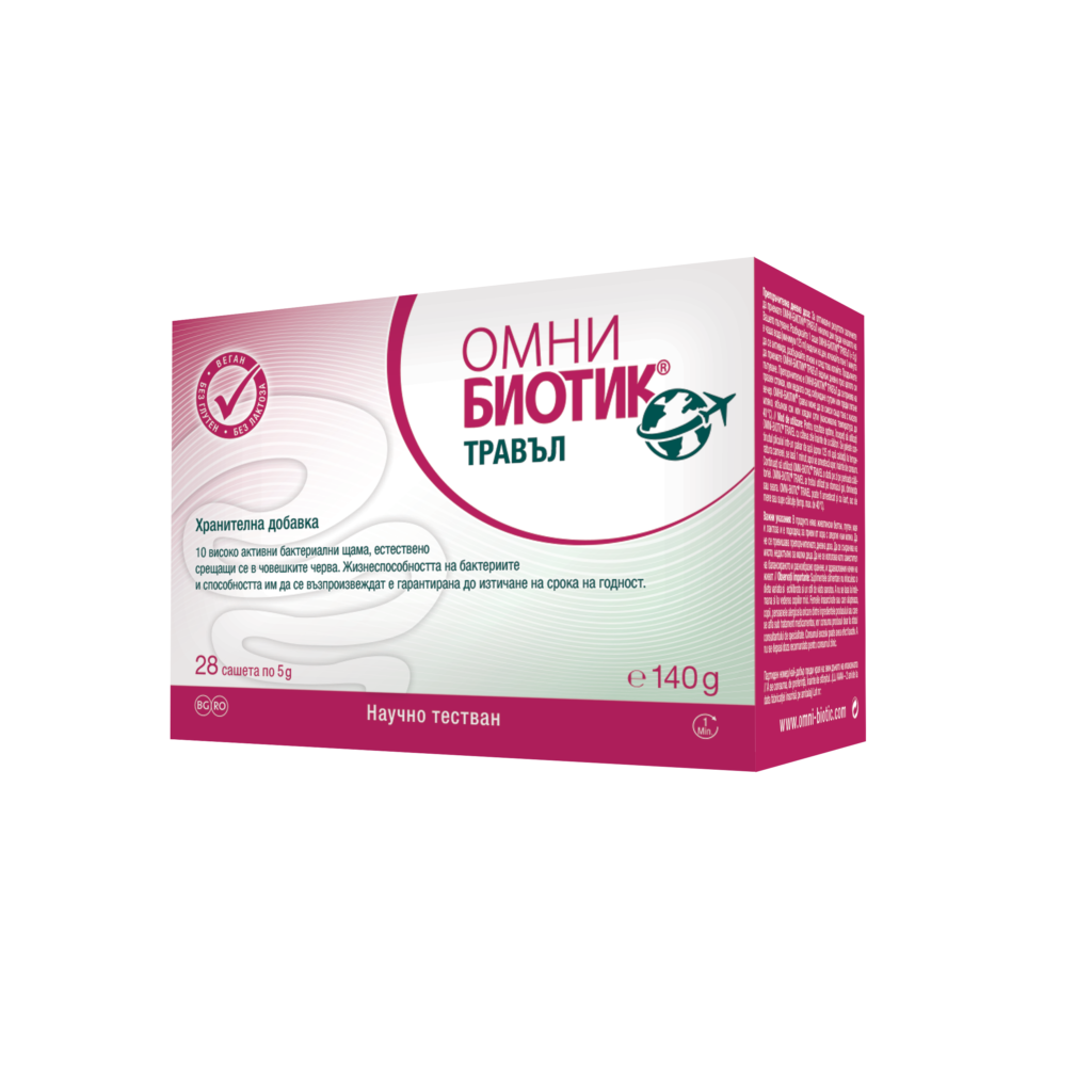 Омни Биотик Травъл - здрава чревна флора при пътуване x 28 Тъй като Омни Биотик Травъл съдържа само естествени за човека чревни бактерии, той е безопасен за употреба по време на бременност и кърмене. Продуктите Омни Биотик включват малки количества различни хранителни фибри, които служат като специална храна за бактериите, включително фруктоолигозахариди (FOS). Ако имате непоносимост към фруктоза, времето за активизиране на Омни Биотик Травъл трябва да бъде удължено до 30 минути. През този период бактериите метаболизират храната си (фруктоолигозахариди и др.) почти напълно, така че само малки количества от тези вещества достигат до червата. Как действа? Тъй като Омни Биотик Травъл има в състава си само естествени за човека чревни бактерии, той е подходящ за употреба по време на бременност и кърмене. В продуктите Омни Биотик има малки количества от различни хранителни фибри, които действат като специална храна за бактериите, включително фруктоолигозахариди (FOS). Ако имате непоносимост към фруктоза, времето за активизиранe на Омни Биотик Травъл трябва да бъде удължено до 30 минути. През това време бактериите метаболизират храната си (фруктоолигозахариди и др.) почти изцяло, така че само няколко молекули от тези вещества достигат до червата. Състав Какво съдържа Омни Биотик Травъл? Една доза (5g) има в състава си смес от 5 милиарда бактерии от 10 специално подбрани бактериални щама: Lactobacillus acidophilus W37 Bifidobacterium breve W25 Lactobacillus casei W56 Lactobacillus salivarius W24 Lactobacillus helveticus W74 Lactobacillus plantarum W21 Lactobacillus rhamnosus W71 Bifidobacterium lactis W51 Lactococcus lactis W58 Bifidobacterium bifidum W23 Размер на опаковката: 28 сашета по 5g Употреба на Омни Биотик Травъл Няколко дни преди пътуването разбъркайте по 1 саше дневно в около 100 ml вода, кисело мляко, прясно мляко или чай (до макс. 40 °C), изчакайте 1 минута, за да се активират бактериите, разбъркайте и изпийте. Продължете тази процедура по време на цялото пътуване. Препоръчва се тозипродукт да се приема на празен стомах. ВЕГАН БЕЗ ГЛУТЕН БЕЗ ЛАКТОЗА Продължете да приемате OMNi-BiOTiC® TRAVEL веднъж дневно през цялото си пътуване. Препоръчително е OMNi-BiOTiC® TRAVEL да се приема на празен стомах или веднага след събуждане сутрин или преди лягане вечер. Важна информация за Омни Биотик Травъл Тъй като Омни Биотик Травъл съдържа само естествени за човека чревни бактерии, той е безопасен за употреба по време на бременност и кърмене. Продуктите Омни Биотик Травъл включват малки количества различни хранителни фибри, които служат като специална храна за бактериите, включително фруктоолигозахариди (FOS). Ако имате непоносимост към фруктоза, времето за активизиране на Омни Биотик Травъл трябва да бъде удължено до 30 минути. През този период бактериите метаболизират храната си (фруктоолигозахариди и др.) почти напълно, така че само малки количества от тези вещества достигат до червата. Една доза (5g) има в състава си смес от 5 милиарда бактерии от 10 специално подбрани бактериални щама: Lactobacillus acidophilus W37 Bifidobacterium breve W25 Lactobacillus casei W56 Lactobacillus salivarius W24 Lactobacillus helveticus W74 Lactobacillus plantarum W21 Lactobacillus rhamnosus W71 Bifidobacterium lactis W51 Lactococcus lactis W58 Bifidobacterium bifidum W23 Размер на опаковката: 28 сашета по 5g Продуктът не съдържа добавени животински протеини, глутен, мая или лактоза и е подходящ за хора с алергия към мляко. Хранителните добавки не са заместител на разнообразното и балансирано хранене. Не превишавайте препоръчителната дневна доза. Да се съхранява на място, недостъпно за малки деца. Разгледай цялата гама на Омни Биотик С повече от 20 години опит Австрииската компния Institut Allergosan е основана от доктор Анита Фраувалнер. Фокусът на компанията е здравето и правилното функциониране на чревната флора. Сътрудничеството им с доказали се учени и специалисти в областта на медицината. фармацията и биохимията  и богатия опит, утвърждава компанията като лидер на пазара на пробиотици в Австрия. Най-успешния продукт на компаnията е серията Омни Биотик. Предлаган в повече от 7 европейски страни Омни Биотик доказа своята ефективност
