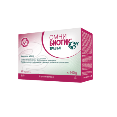 Омни Биотик Травъл - здрава чревна флора при пътуване x 28 Тъй като Омни Биотик Травъл съдържа само естествени за човека чревни бактерии, той е безопасен за употреба по време на бременност и кърмене. Продуктите Омни Биотик включват малки количества различни хранителни фибри, които служат като специална храна за бактериите, включително фруктоолигозахариди (FOS). Ако имате непоносимост към фруктоза, времето за активизиране на Омни Биотик Травъл трябва да бъде удължено до 30 минути. През този период бактериите метаболизират храната си (фруктоолигозахариди и др.) почти напълно, така че само малки количества от тези вещества достигат до червата. Как действа? Тъй като Омни Биотик Травъл има в състава си само естествени за човека чревни бактерии, той е подходящ за употреба по време на бременност и кърмене. В продуктите Омни Биотик има малки количества от различни хранителни фибри, които действат като специална храна за бактериите, включително фруктоолигозахариди (FOS). Ако имате непоносимост към фруктоза, времето за активизиранe на Омни Биотик Травъл трябва да бъде удължено до 30 минути. През това време бактериите метаболизират храната си (фруктоолигозахариди и др.) почти изцяло, така че само няколко молекули от тези вещества достигат до червата. Състав Какво съдържа Омни Биотик Травъл? Една доза (5g) има в състава си смес от 5 милиарда бактерии от 10 специално подбрани бактериални щама: Lactobacillus acidophilus W37 Bifidobacterium breve W25 Lactobacillus casei W56 Lactobacillus salivarius W24 Lactobacillus helveticus W74 Lactobacillus plantarum W21 Lactobacillus rhamnosus W71 Bifidobacterium lactis W51 Lactococcus lactis W58 Bifidobacterium bifidum W23 Размер на опаковката: 28 сашета по 5g Употреба на Омни Биотик Травъл Няколко дни преди пътуването разбъркайте по 1 саше дневно в около 100 ml вода, кисело мляко, прясно мляко или чай (до макс. 40 °C), изчакайте 1 минута, за да се активират бактериите, разбъркайте и изпийте. Продължете тази процедура по време на цялото пътуване. Препоръчва се тозипродукт да се приема на празен стомах. ВЕГАН БЕЗ ГЛУТЕН БЕЗ ЛАКТОЗА Продължете да приемате OMNi-BiOTiC® TRAVEL веднъж дневно през цялото си пътуване. Препоръчително е OMNi-BiOTiC® TRAVEL да се приема на празен стомах или веднага след събуждане сутрин или преди лягане вечер. Важна информация за Омни Биотик Травъл Тъй като Омни Биотик Травъл съдържа само естествени за човека чревни бактерии, той е безопасен за употреба по време на бременност и кърмене. Продуктите Омни Биотик Травъл включват малки количества различни хранителни фибри, които служат като специална храна за бактериите, включително фруктоолигозахариди (FOS). Ако имате непоносимост към фруктоза, времето за активизиране на Омни Биотик Травъл трябва да бъде удължено до 30 минути. През този период бактериите метаболизират храната си (фруктоолигозахариди и др.) почти напълно, така че само малки количества от тези вещества достигат до червата. Една доза (5g) има в състава си смес от 5 милиарда бактерии от 10 специално подбрани бактериални щама: Lactobacillus acidophilus W37 Bifidobacterium breve W25 Lactobacillus casei W56 Lactobacillus salivarius W24 Lactobacillus helveticus W74 Lactobacillus plantarum W21 Lactobacillus rhamnosus W71 Bifidobacterium lactis W51 Lactococcus lactis W58 Bifidobacterium bifidum W23 Размер на опаковката: 28 сашета по 5g Продуктът не съдържа добавени животински протеини, глутен, мая или лактоза и е подходящ за хора с алергия към мляко. Хранителните добавки не са заместител на разнообразното и балансирано хранене. Не превишавайте препоръчителната дневна доза. Да се съхранява на място, недостъпно за малки деца. Разгледай цялата гама на Омни Биотик С повече от 20 години опит Австрииската компния Institut Allergosan е основана от доктор Анита Фраувалнер. Фокусът на компанията е здравето и правилното функциониране на чревната флора. Сътрудничеството им с доказали се учени и специалисти в областта на медицината. фармацията и биохимията  и богатия опит, утвърждава компанията като лидер на пазара на пробиотици в Австрия. Най-успешния продукт на компаnията е серията Омни Биотик. Предлаган в повече от 7 европейски страни Омни Биотик доказа своята ефективност