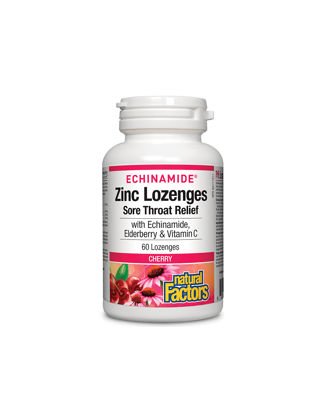 echinamide-cink-ekhinaceya-vitamin-i-cheren-baz-imunitet.png Echinamide® / Цинк, ехинацея, витамин С и черен бъз, 60 таблетки за смучене с вкус на череша Natural Factors - Image 1