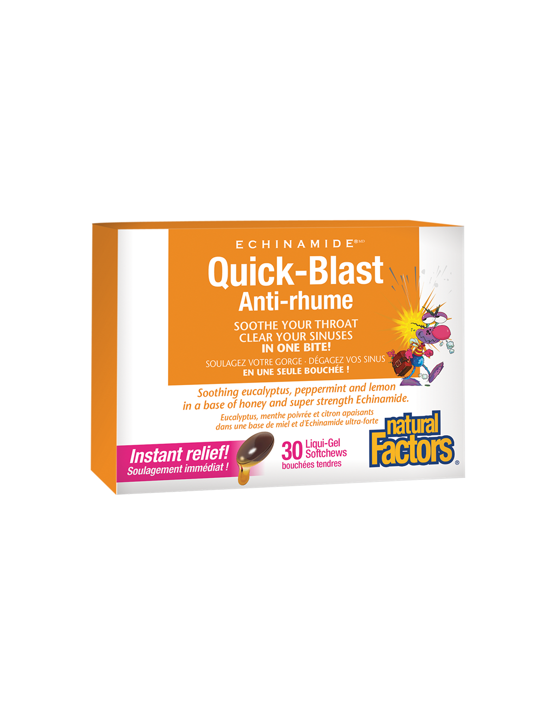kuik-blast-pri-bolki-v-garloto-sinuzit.png Echinamide® Quick-Blast 85 mg х 30 течни софтгел капсули за дъвчене с ехинацея, мед, ментол и евкалипт Natural Factors - Image 1