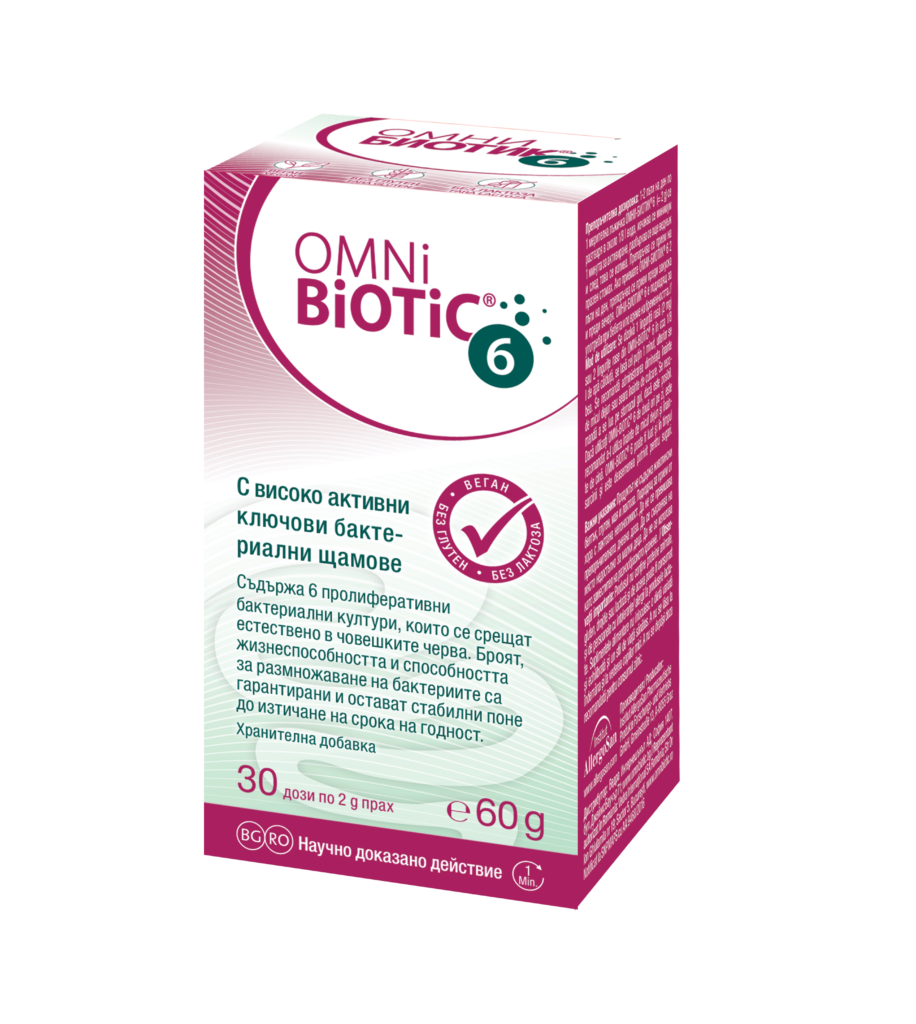 Омни Биотик 6 Омни Биотик 6 е научно изследвана комбинация от 6 различни бактериални щама, които могат да се заселят както в тънкото, така и в дебелото черво. Чревните бактерии са важни за подпомагане на отстраняването на токсини и гнилостни микроби от храносмилателната система. Лактобацилите, бифидобактериите и ентерококите играят особено важна роля в този процес. С всяка лъжица се приемат 2 милиарда активни живи бактерии, които помагат за почистване на чревните власинки от загниващи остатъци, абсорбция на витамини и минерали, както и стимулиране на производството на ензими, аминокиселини и есенциални мастни киселини. Продуктът съдържа и разтворимите фибри FOS, естествена субстанция от корен на цикория, която не се усвоява в червата и служи като хранителна среда за бифидо- и лактобактериите, подпомагайки тяхното размножаване. КАК ДЕЙСТВА? Проучвания показват, че бактериите в Омни Биотик 6 активират имунните клетки, които атакуват вирусно инфектирани клетки. Пробиотичната комбинация подобрява функцията на защитните бариери, като подпомага синтеза на slgA и подобрява локалния имунитет. Така Омни Биотик 6 повишава устойчивостта на организма и подобрява ефективността на имунната система. Омни Биотик 6 е подходящ за поддържане на здрав стомашно-чревен тракт. Бактериите в комбинацията имат антигъбично действие и подпомагат локалния имунитет на лигавиците, което може да помогне при остри и хронични вагинози. Лабораторни тестове доказват и противогъбична активност, дължаща се на присъствието на специфичен щам Lactobacillus acidophilus. СЪСТАВ царевично нишесте, малтодекстрин, бактериални щамове*, фруктоолигозахариди, ензими (амилаза). 6 бактериални култури с най-малко 2 милиарда бактерии в 2 гр. прах: Bifidobacterium animalis W53 Enterococcus faecium W54 Lactobacillus acidophilus W55 Lactobacillus casei W56 Lactobacillus salivarius W57 Lactococcus lactis W58 Хранителна стойност за 2 гр. (1 доза): Енергийност: 7,47 ккал Мазнини: 0,002 гр. Въглехидрати: 1,626 гр. (от които захари: 0,032 гр.) Влакнини: 0,092 гр. Белтъци: 0,052 гр. Сол: 0,013 гр. ПОДОБРЯВА ЛИ ЗАЩИТНИТЕ ФУНКЦИИ Омни Биотик 6? Знаете ли, че 80% от имунната система е в червата ни? Грижата за чревното здраве е и грижа за имунитета. Бариерната функция на червата включва три нива на контрол: бактерии, епителни клетки и мукоза, както и чревна имунна система. Определени щамове полезни бактерии могат да повишат защитните сили на организма, като увеличат нивата на NK-клетките (естествени убийци) и секреторния имуноглобулин А (slgA). NK-клетките унищожават вирусно инфектираните клетки, а slgA има водеща бариерна функция във всяка лигавица, предпазвайки ни от вирусни и бактериални инфекции. Намалените защитни функции на имунната система ни правят по-податливи на инфекции, особено по време на епидемии. ДОЗИРОВКА Разбъркайте една равна чаена лъжичка (2 гр.) Омни Биотик 6 в 125 мл хладка вода, оставете 10 минути да се активира, разбъркайте отново и изпийте. Оптимално е да се приема сутрин преди закуска или вечер преди лягане. Може да се разтвори в мляко, кисело мляко или сок. Допустимо е да се приема до 2 пъти на ден. Ако имате непоносимост към фруктоза, оставете Омни Биотик 6 във вода за поне 30 минути, за да се метаболизира фруктозата. Омни Биотик 6 може да се приема по време на бременност и е подходящ за бебета и малки деца. СЪХРАНЕНИЕ Съхранявайте на сухо място при стайна температура, на място недостъпно за деца. Затваряйте добре опаковката. ОПАКОВКА: 60 гр. Разгледай цялата гама на Омни Биотик С повече от 20 години опит Австрииската компния Institut Allergosan е основана от доктор Анита Фраувалнер. Фокусът на компанията е здравето и правилното функциониране на чревната флора. Сътрудничеството им с доказали се учени и специалисти в областта на медицината. фармацията и биохимията  и богатия опит, утвърждава компанията като лидер на пазара на пробиотици в Австрия. Най-успешния продукт на компаnията е серията Омни Биотик. Предлаган в повече от 7 европейски страни Омни Биотик доказа своята ефективност