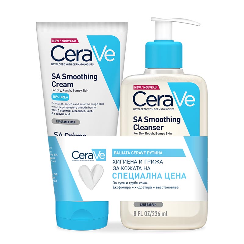 Промо пакет CeraVe SA Изглаждащ крем за суха и груба кожа 177 мл + CeraVe SA Почистващ изглаждащ гел за суха и груба кожа 236 мл 5902503721336