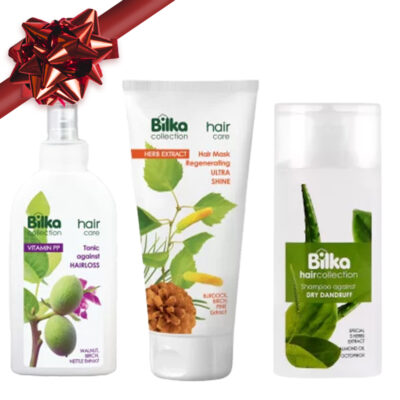 Bilka Пълноценна грижа за косата - Коледен комплект Подарете здраве и блясък на косата си с нашия специален Bilka Коледен комплект. Създаден с натурални екстракти от билки и внимателно подбрани активни съставки, този комплект осигурява цялостна грижа за косата и скалпа. Независимо дали се борите с косопад, пърхот или търсите ултра хидратация, Bilka има решение за вас!