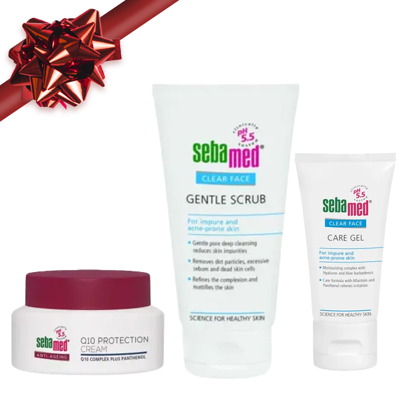 Sebamed грижа за проблемна и зряла кожа - Коледен комплект Създайте идеалната грижа за кожата си с нашия Sebamed Коледен комплект, включващ три висококачествени продукта, които почистват, хидратират и поддържат здравето на кожата. Специално създаден за мазна, акнеична и зряла кожа, този комплект предлага решения за поддържане на естественото pH и възстановяване на кожата.