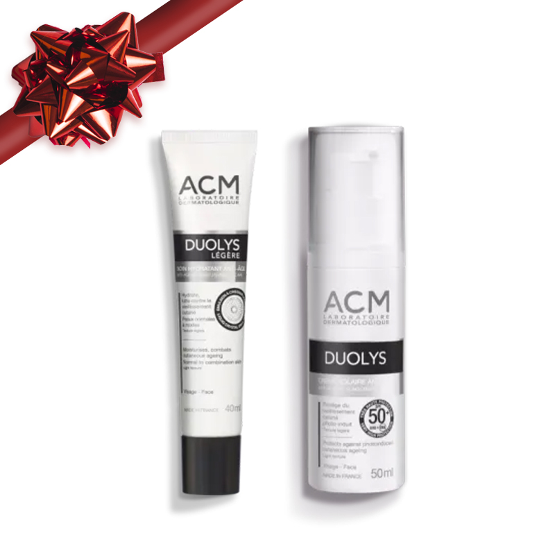 ACM DUOLYS грижа против стареене - Коледен комплект Подарете си здрава, подмладена и защитена кожа с нашия ACM DUOLYS Коледен комплект. Включва два висококачествени продукта, които осигуряват интензивна хидратация, ефективна защита и видимо подобрение на кожата, засегната от стареене.