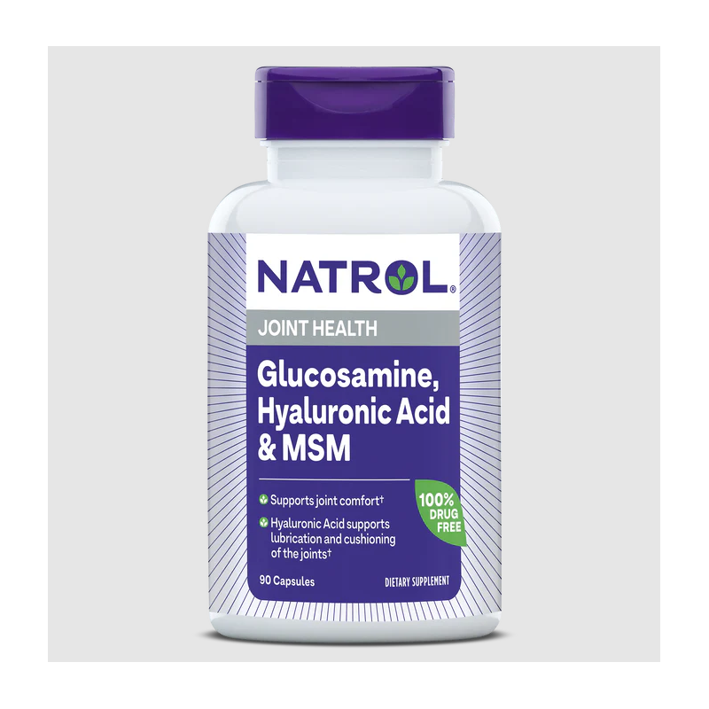 natrol-hyaluronic-acid-msm-glucosamin.png Natrol Глюкозамин Хиалуронова киселина и МСМ х 90 капсули - Image 1