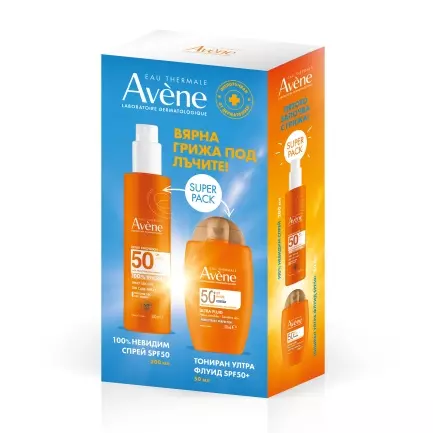 Box_3_3D_Visualization Avene Комплект SPF50+ Слънцезащитен спрей 200 ml + SPF50+ Тониран ултра флуид 50 ml - Image 1