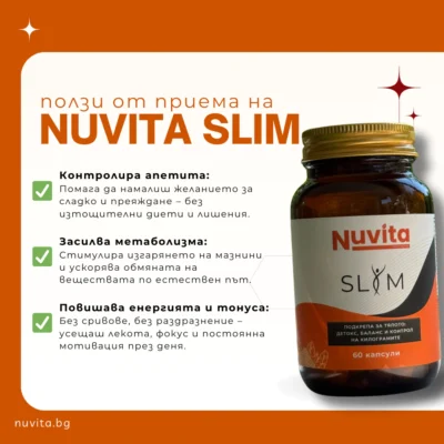 nuvita slim – инфографика с ползи: контрол на апетита, засилен метаболизъм, повече енергия; буркан 60 капсули на бял фон.