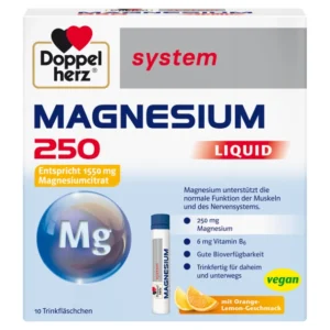 Кутия на „Допелхерц system Magnesium 250 Liquid“ – 10 готови за пиене ампули с 250 mg магнезий и 6 mg витамин B6, на основа магнезиев цитрат (еквивалент на 1550 mg магнезиев цитрат); веган; вкус портокал-лимон.