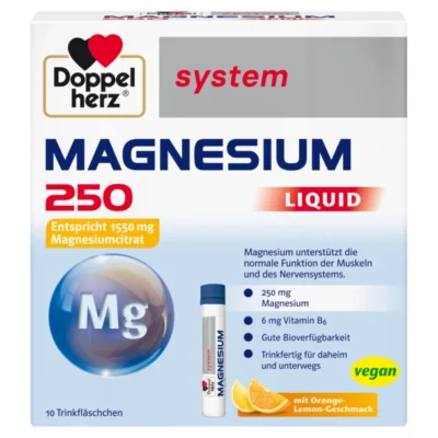 Кутия на „Допелхерц system Magnesium 250 Liquid“ – 10 готови за пиене ампули с 250 mg магнезий и 6 mg витамин B6, на основа магнезиев цитрат (еквивалент на 1550 mg магнезиев цитрат); веган; вкус портокал-лимон.